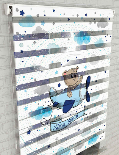 Ayıcık ve Uçak Vektör Baskılı Zebra Perde - Bebek Odası Perdesi - AD HOME Tekstil