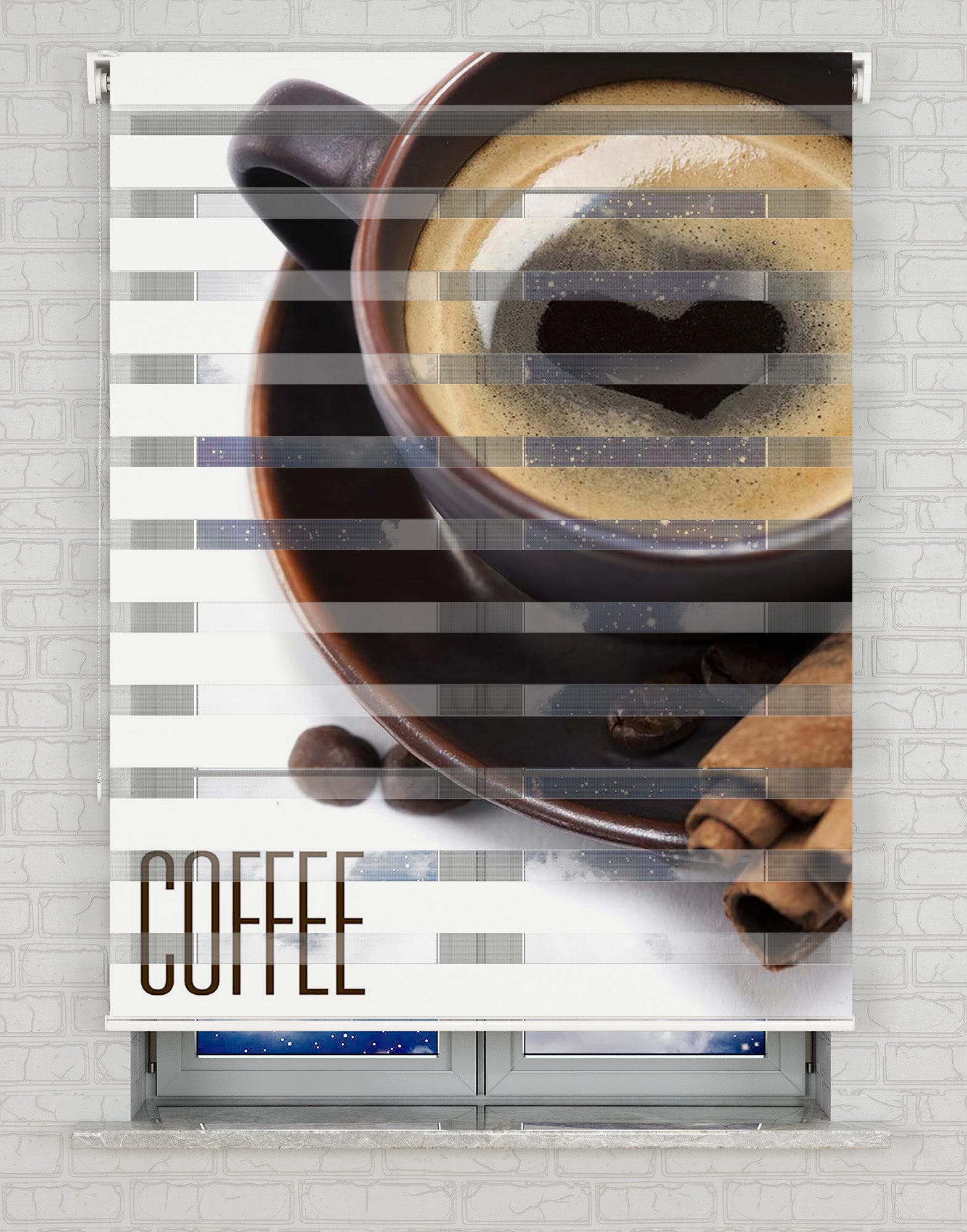 Coffee Kalp Fincan Baskılı Zebra Perde -Mutfak Perdesi