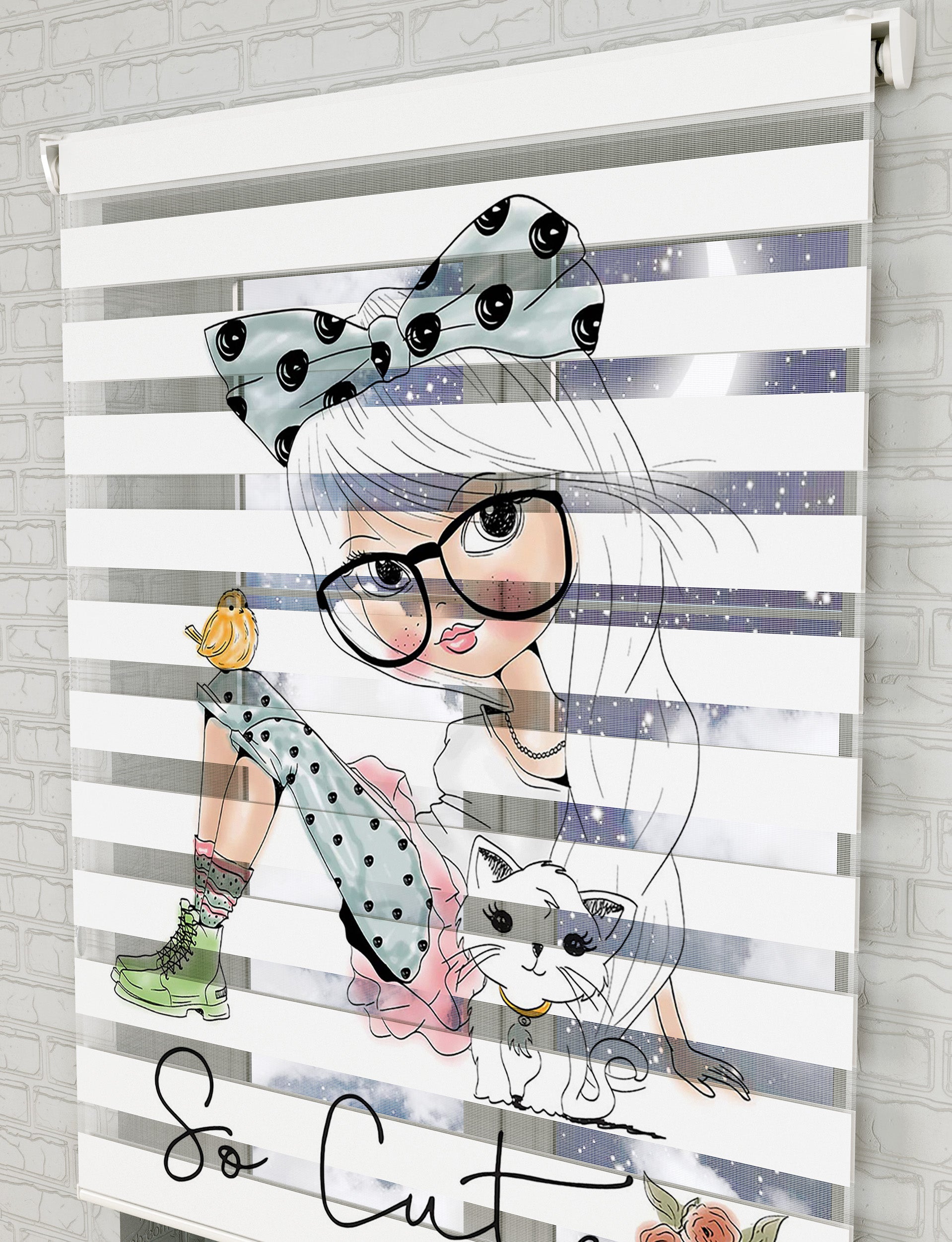 Cute Girl Vektör Baskılı Zebra Perde - Kız Çocuk Odası Perdesi - AD HOME Tekstil