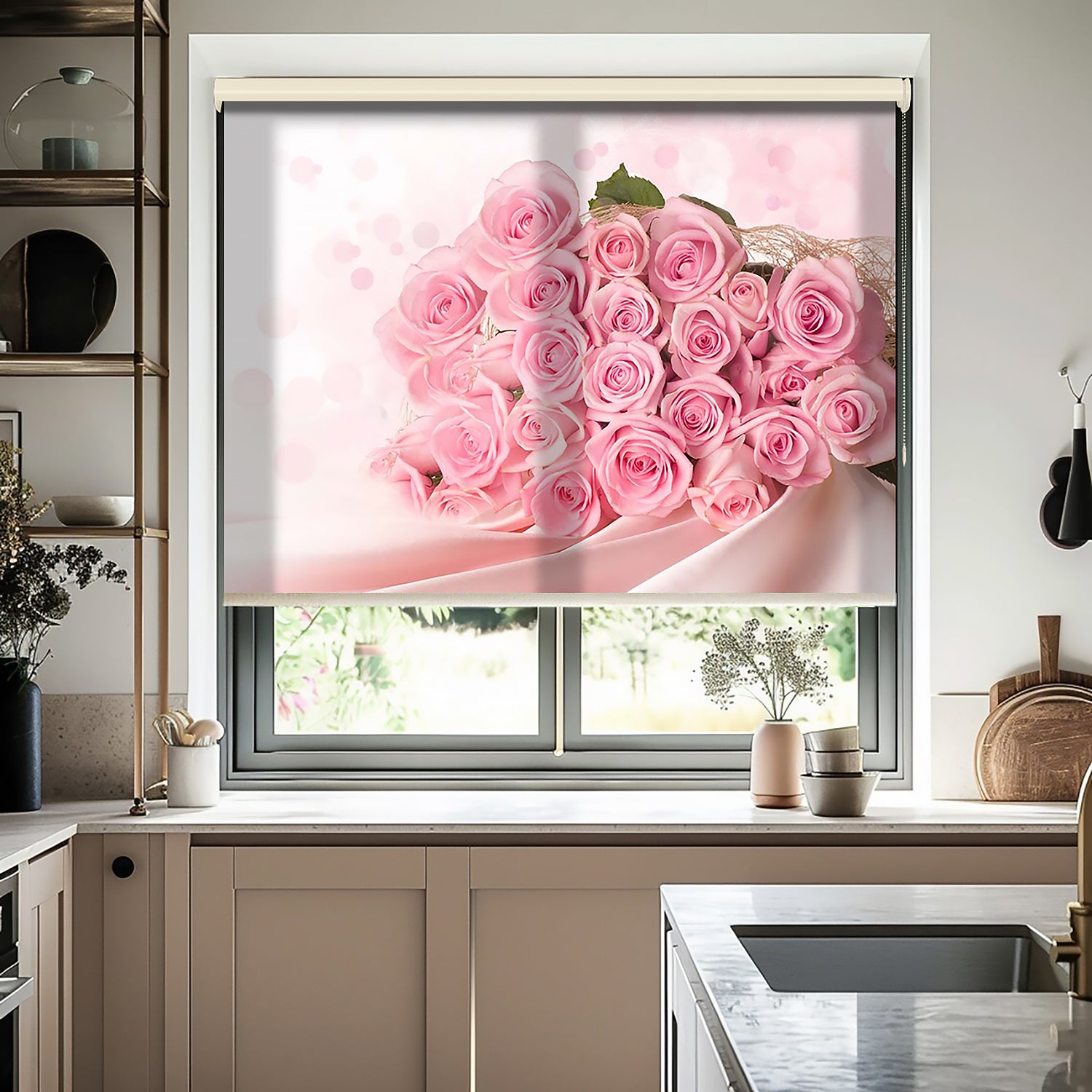Pembe Güller Baskılı Stor Perde - Baskılı Güneşlik Perdesi - Mutfak Perdesi - AD HOME Tekstil