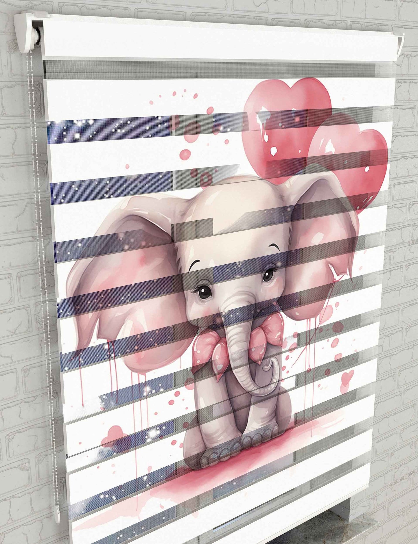 Pembe Kalpler ve Fil Baskılı Zebra Perde - Bebek Odası Perdesi, Kız Çocuk Odası Perde - AD HOME Tekstil