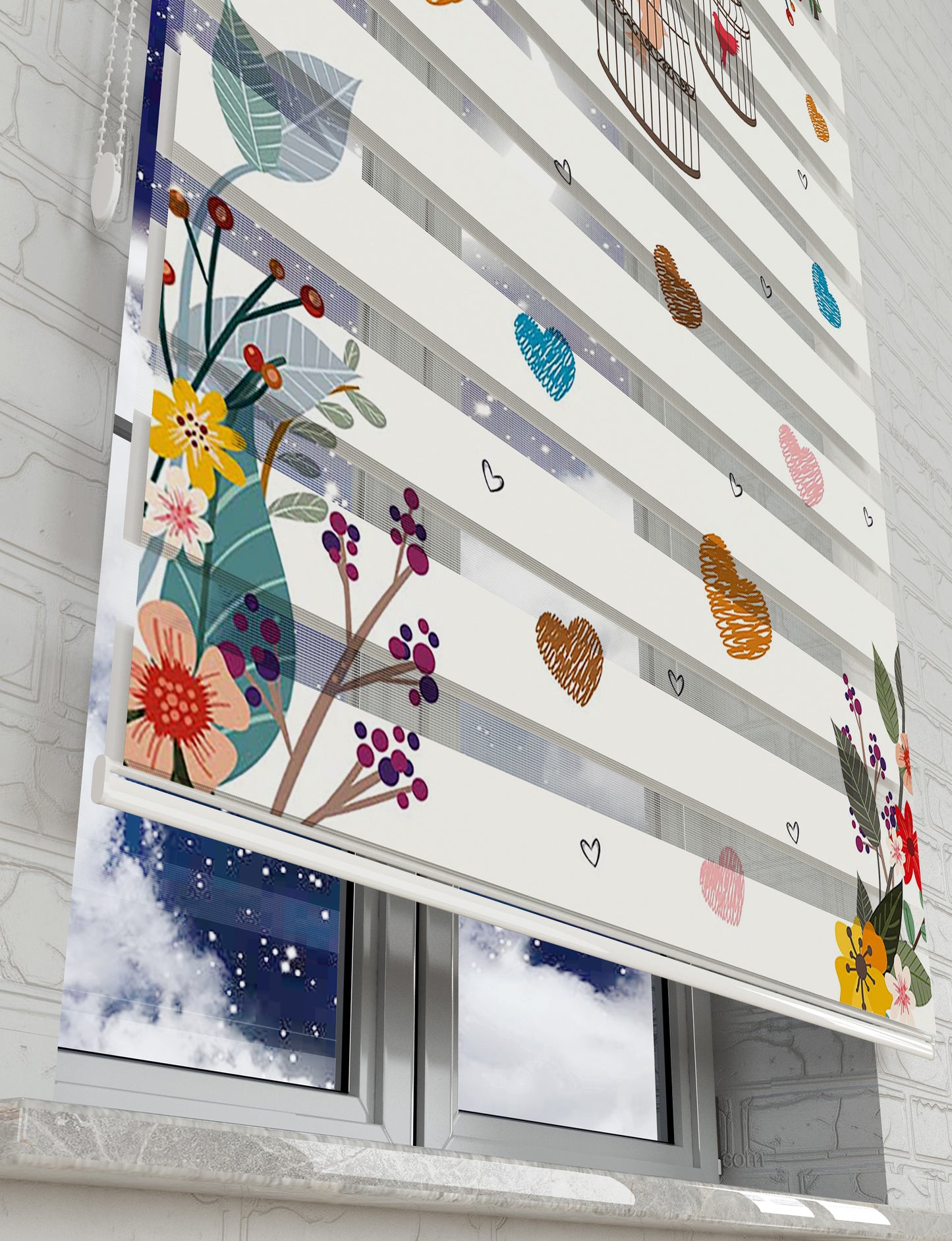 Kafesteki Kuş Baskılı Zebra Perde -Salon Mutfak Perdesi - AD HOME Tekstil