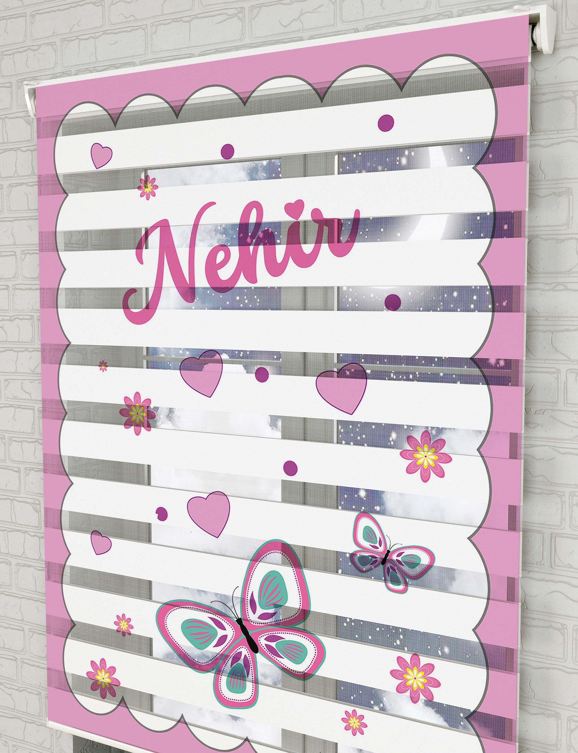 Pembe Kelebekler Baskılı Zebra Perde - Bebek Odası Perdesi - Kız Çocuk Odası Perdesi - AD HOME Tekstil