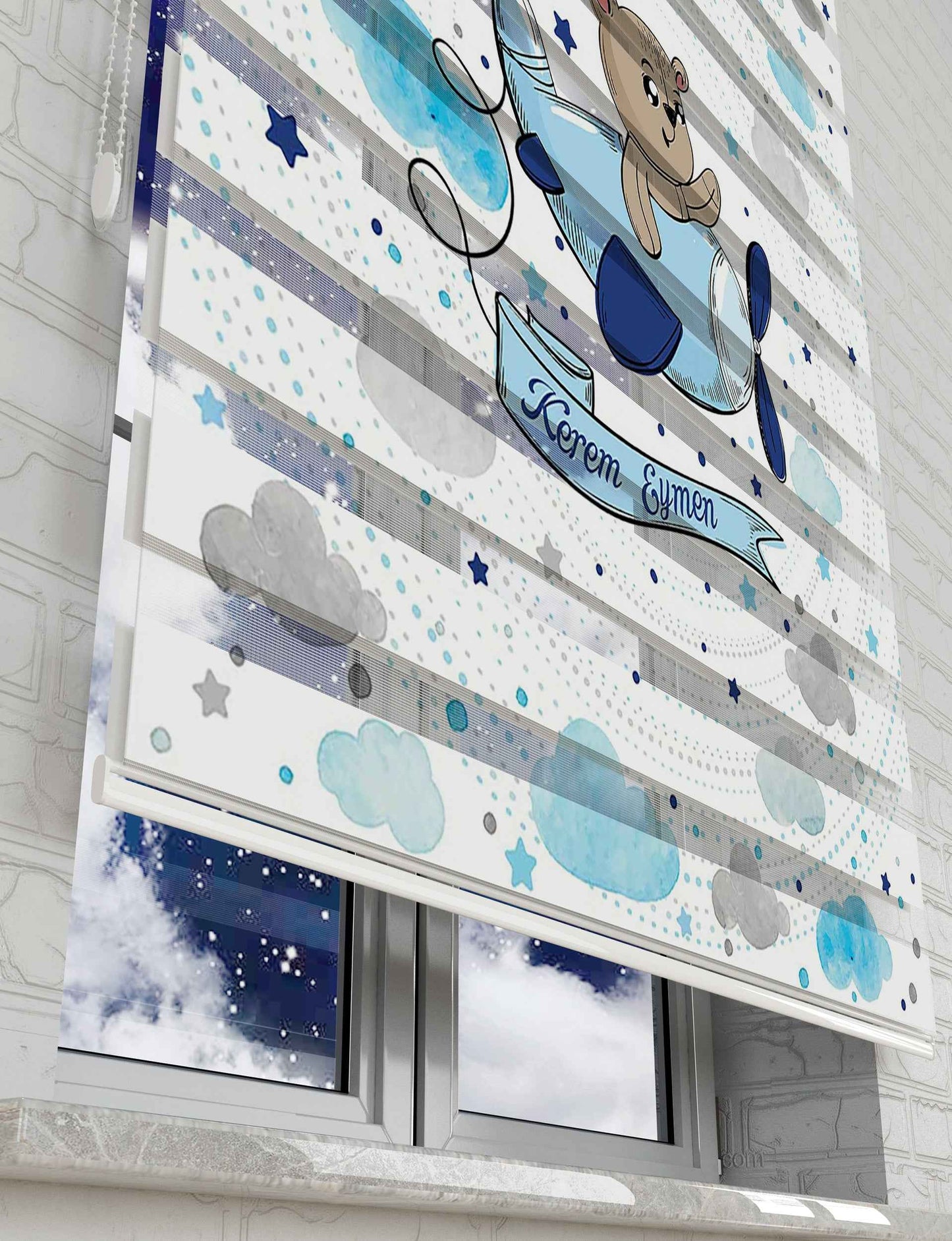 Ayıcık ve Uçak Vektör Baskılı Zebra Perde - Bebek Odası Perdesi - AD HOME Tekstil