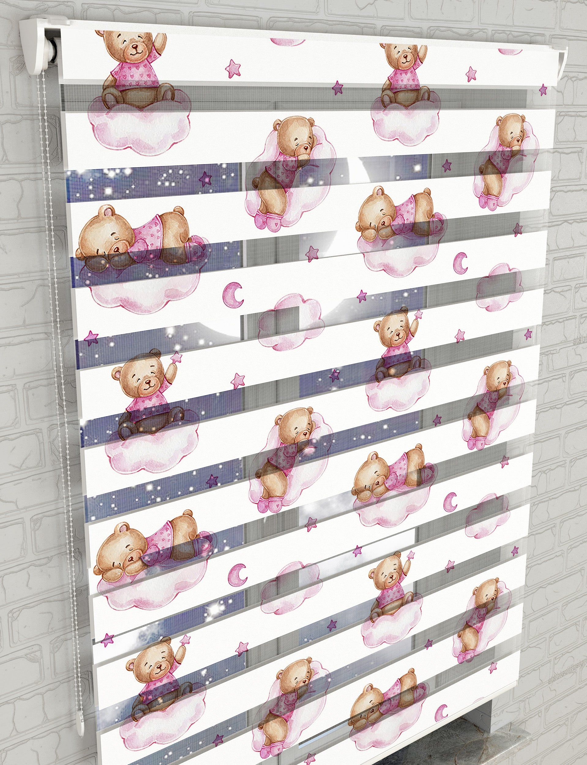 Pembe Bulutlar ve Ayıcık Baskılı Zebra Perde - Bebek Odası Perdesi - AD HOME Tekstil