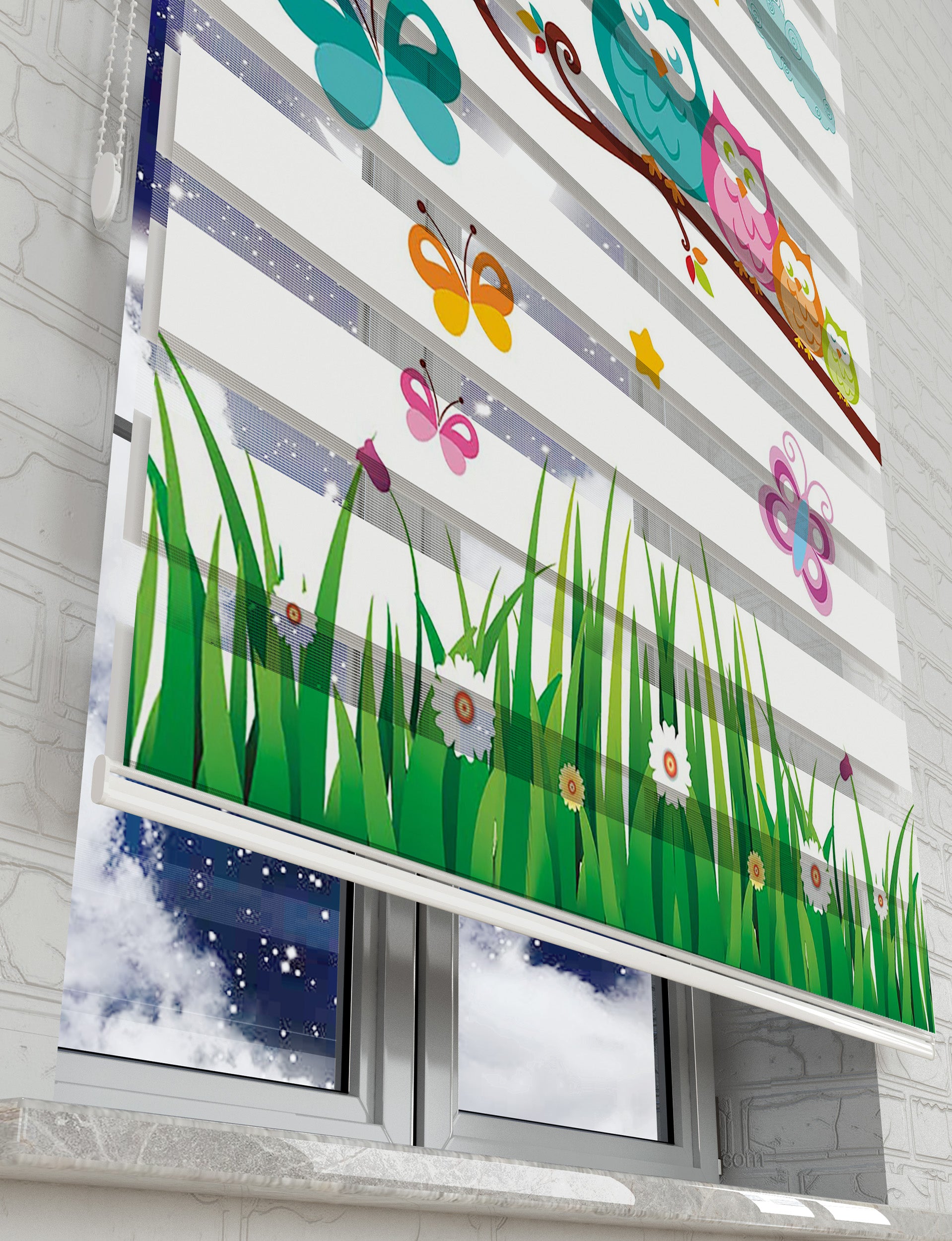 Baykuşlar ve Ay Vektör Baskılı Zebra Perde - Bebek Odası Perdesi - AD HOME Tekstil