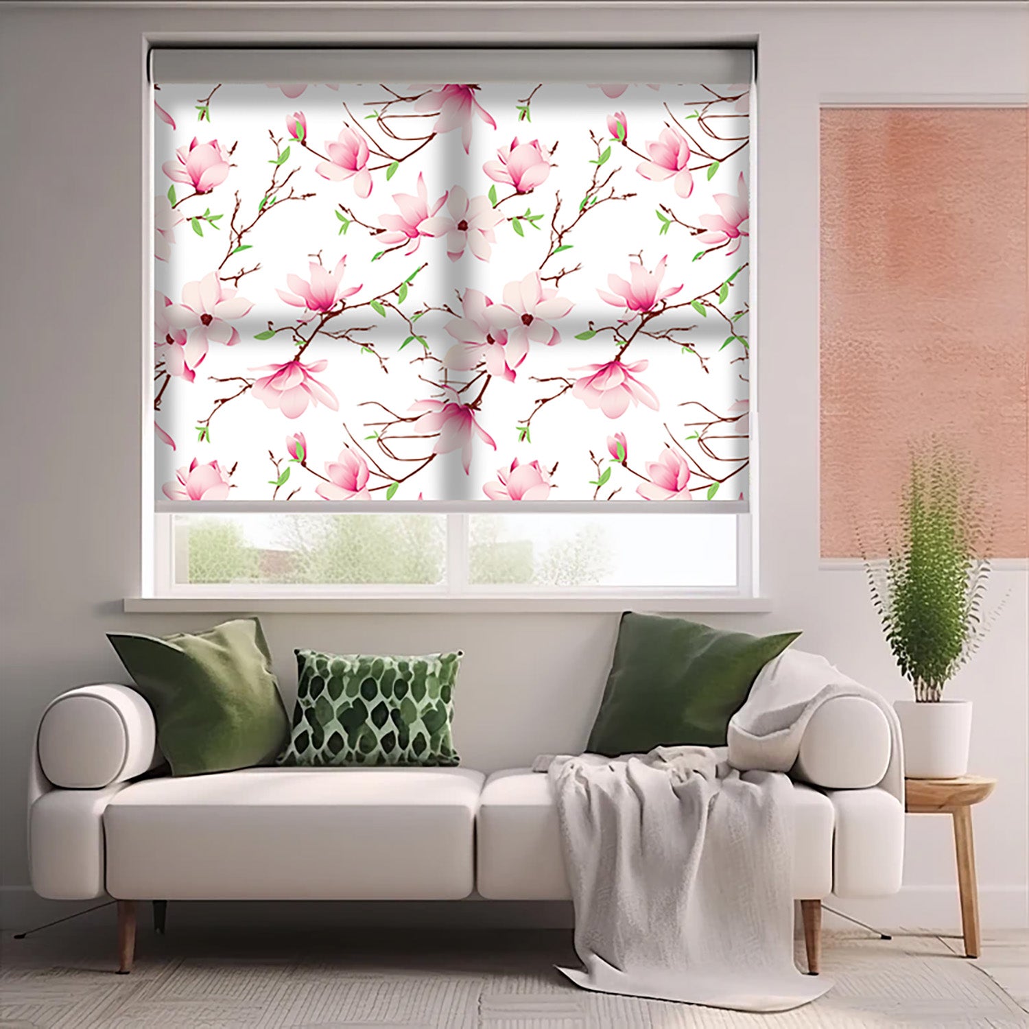 Pembe Çiçek Dalları Baskılı Stor Perde - Baskılı Güneşlik Perdesi - Salon Perdesi