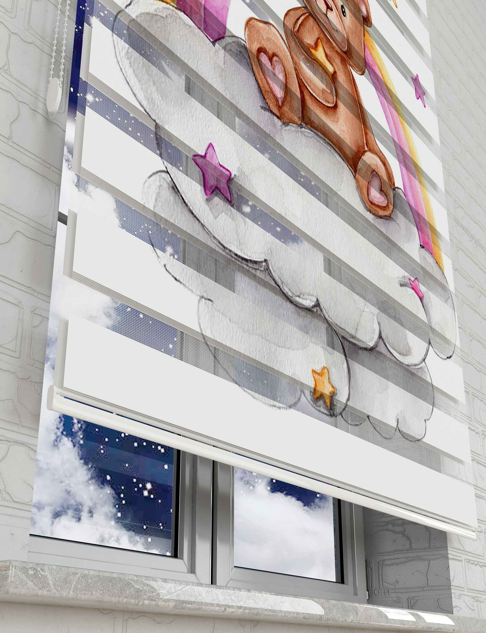 Gökkuşağı ve Sevimli Ayıcık Baskılı Zebra Perde - Bebek Odası Perdesi - AD HOME Tekstil