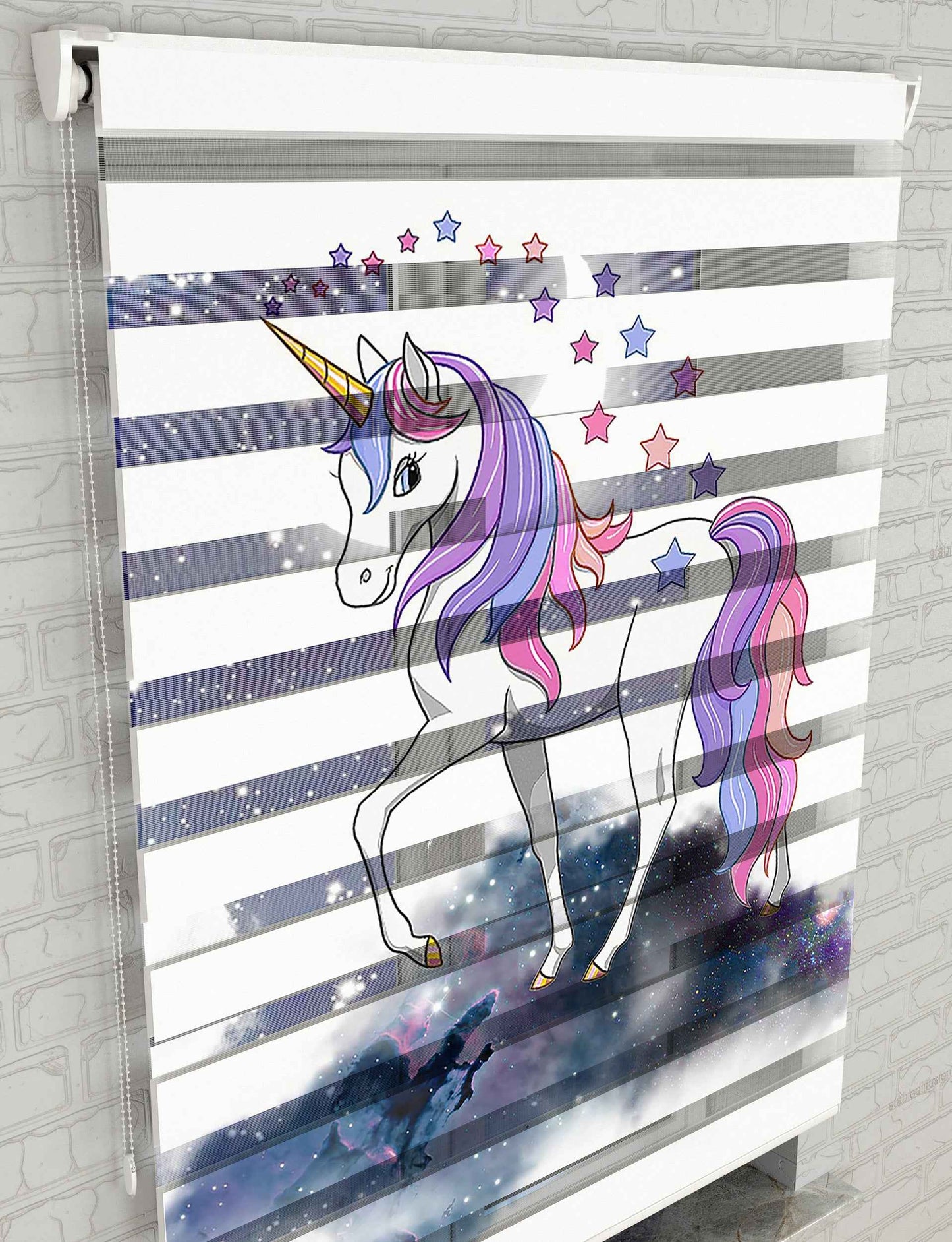 Unicorn ve Bulutlar Baskılı Zebra Perde - Kız Çocuk Odası Perdesi - AD HOME Tekstil