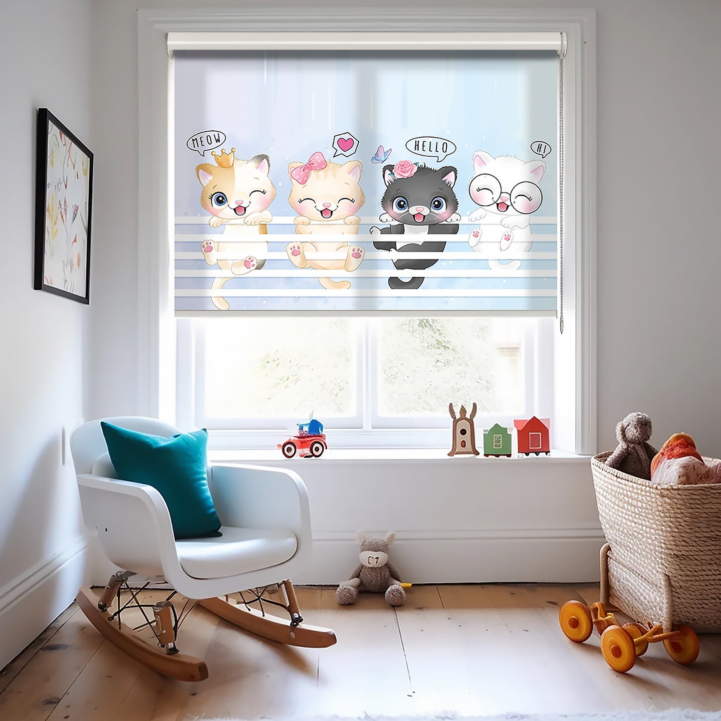 Şirin Yavru Kediler Baskılı Stor Perde - Baskılı Güneşlik Perdesi - Çocuk Odası Perdesi - AD HOME Tekstil