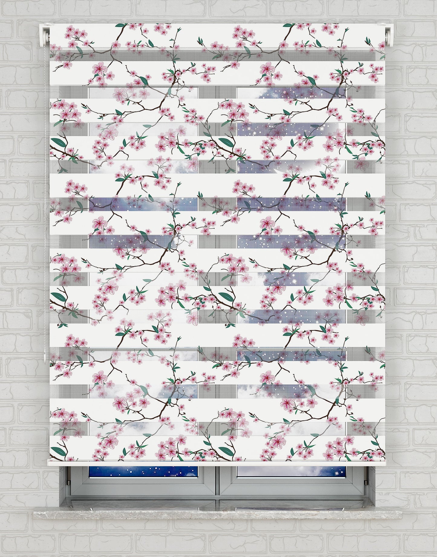 Pembe Çiçekler ve Dallar Baskılı Zebra Perde - Mutfak Perdesi - AD HOME Tekstil