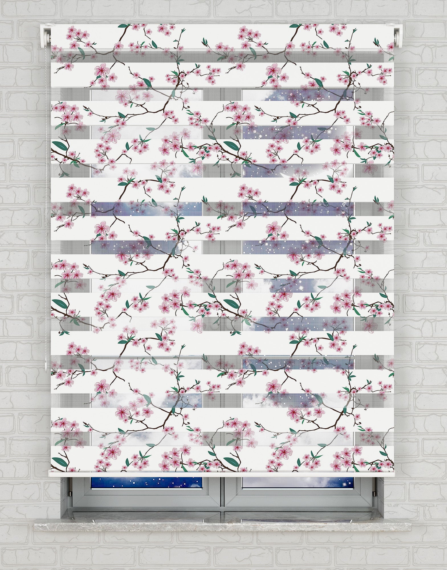 Pembe Çiçekler ve Dallar Baskılı Zebra Perde - Mutfak Perdesi - AD HOME Tekstil