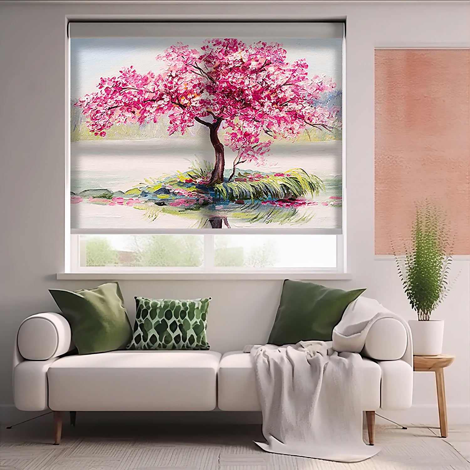 Pembe Ağaç Baskılı Stor Perde - Baskılı Güneşlik Perdesi - Salon Perdesi