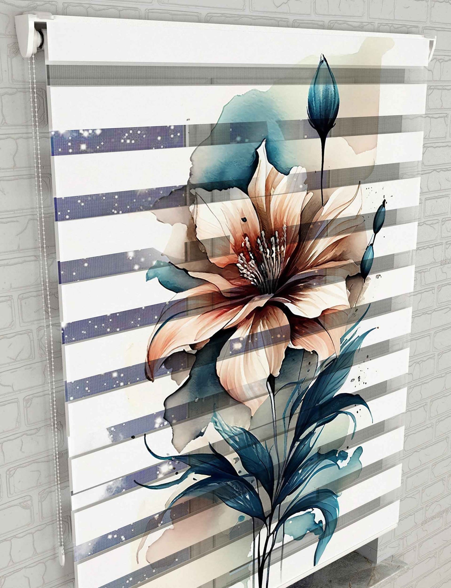 Suluboya ve Çiçekler Baskılı Zebra Perde - Salon Perdesi, Mutfak Perdesi - AD HOME Tekstil