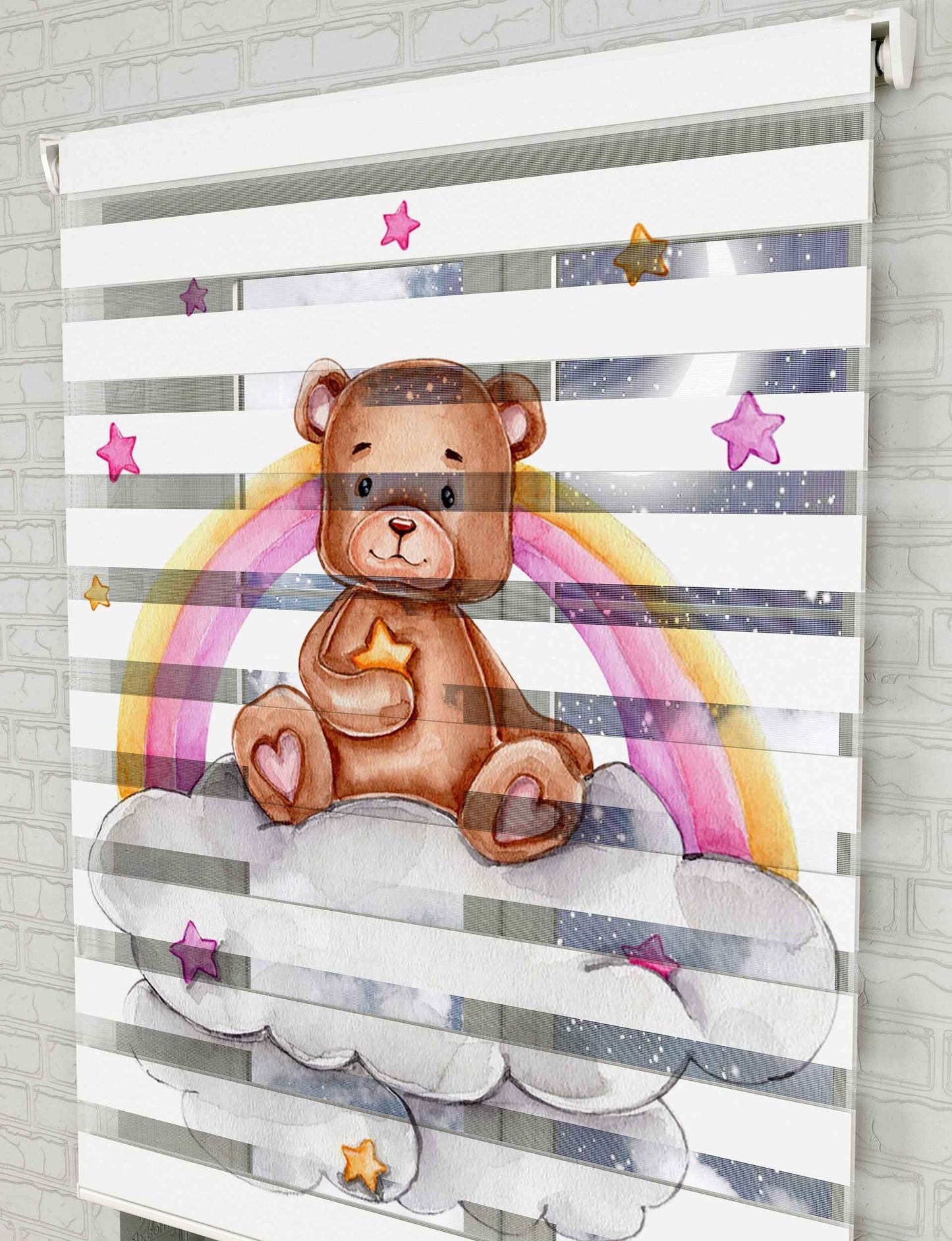 Gökkuşağı ve Sevimli Ayıcık Baskılı Zebra Perde - Bebek Odası Perdesi - AD HOME Tekstil