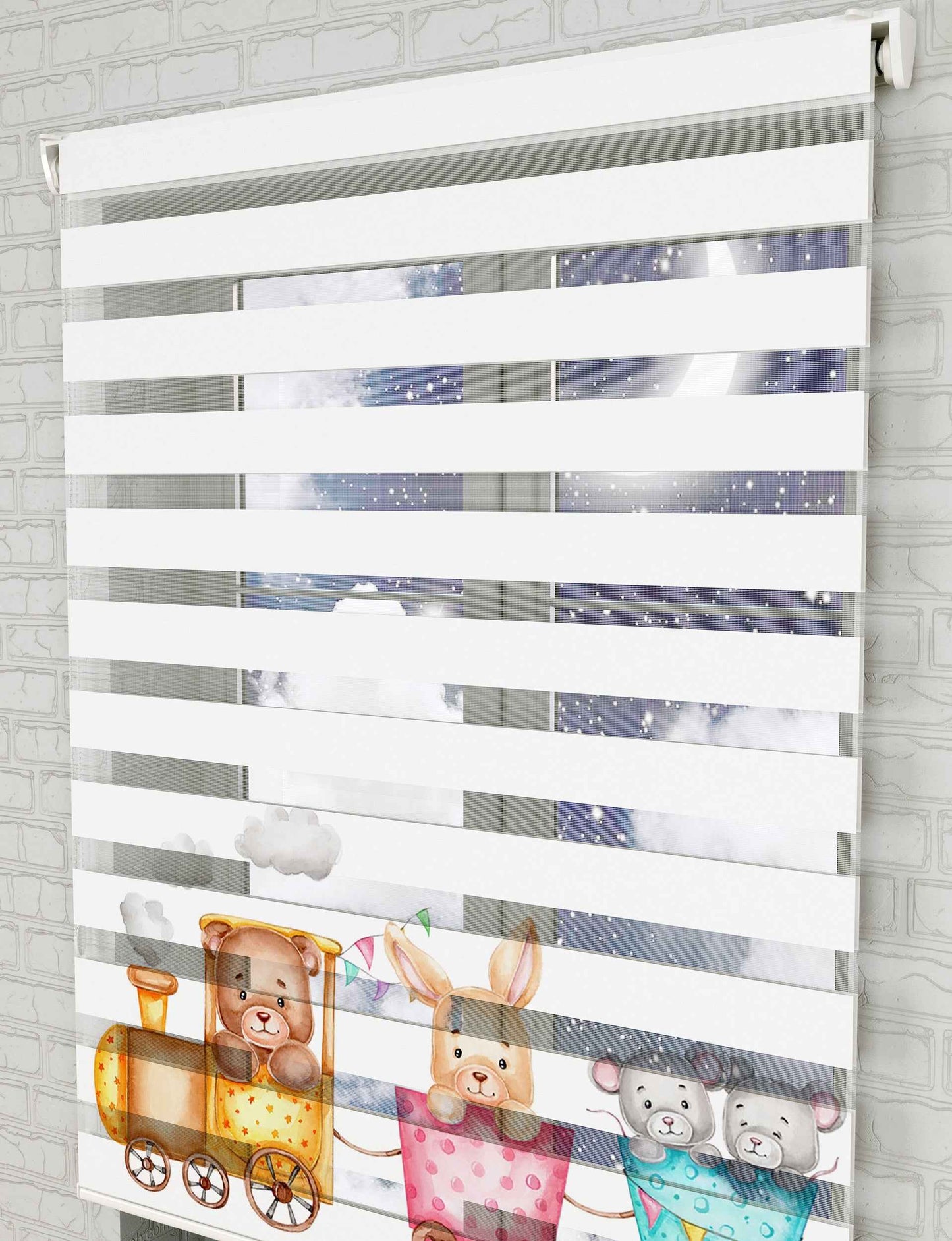 Renkli Tren ve Sevimli Hayvanlar Baskılı Zebra Perde - Bebek Odası Perdesi - AD HOME Tekstil