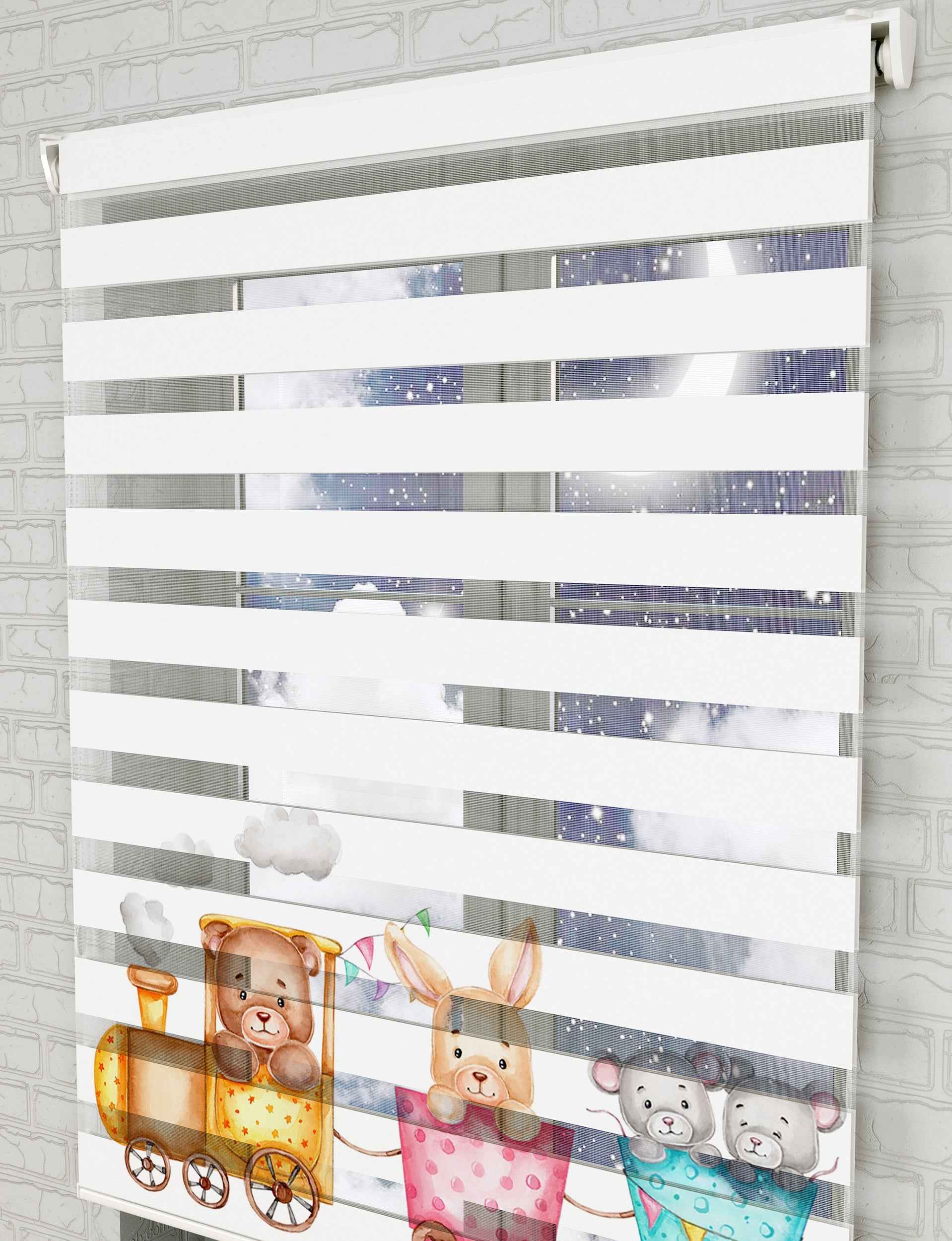 Renkli Tren ve Sevimli Hayvanlar Baskılı Zebra Perde - Bebek Odası Perdesi - AD HOME Tekstil