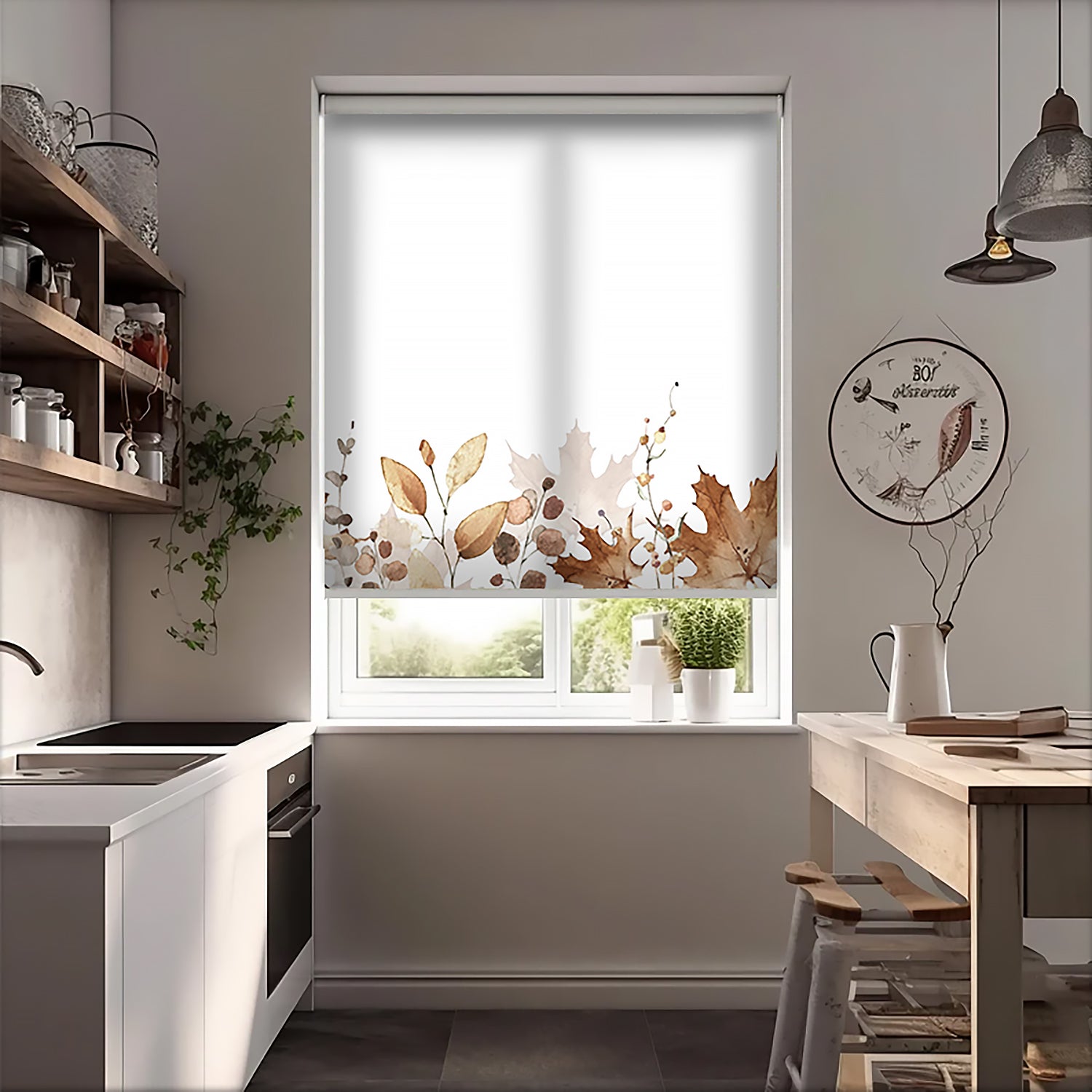 Kahverengi Yapraklar Baskılı Stor Perde, Baskılı Güneşlik Perdesi, Salon Perde, Mutfak Perde - AD HOME Tekstil