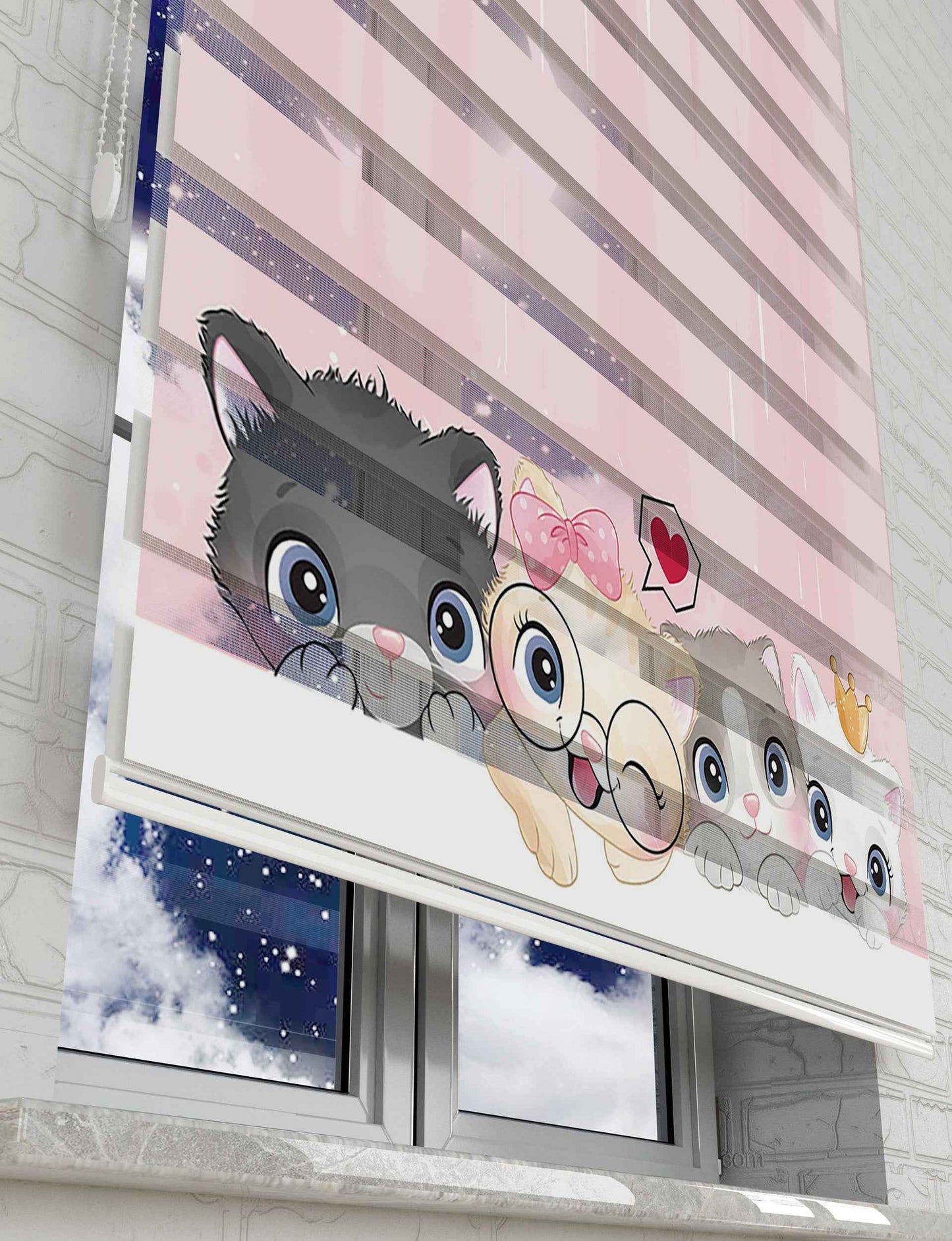 Sevimli Yavru Kediler Baskılı Zebra Perde - Çocuk Odası Perdesi - AD HOME Tekstil