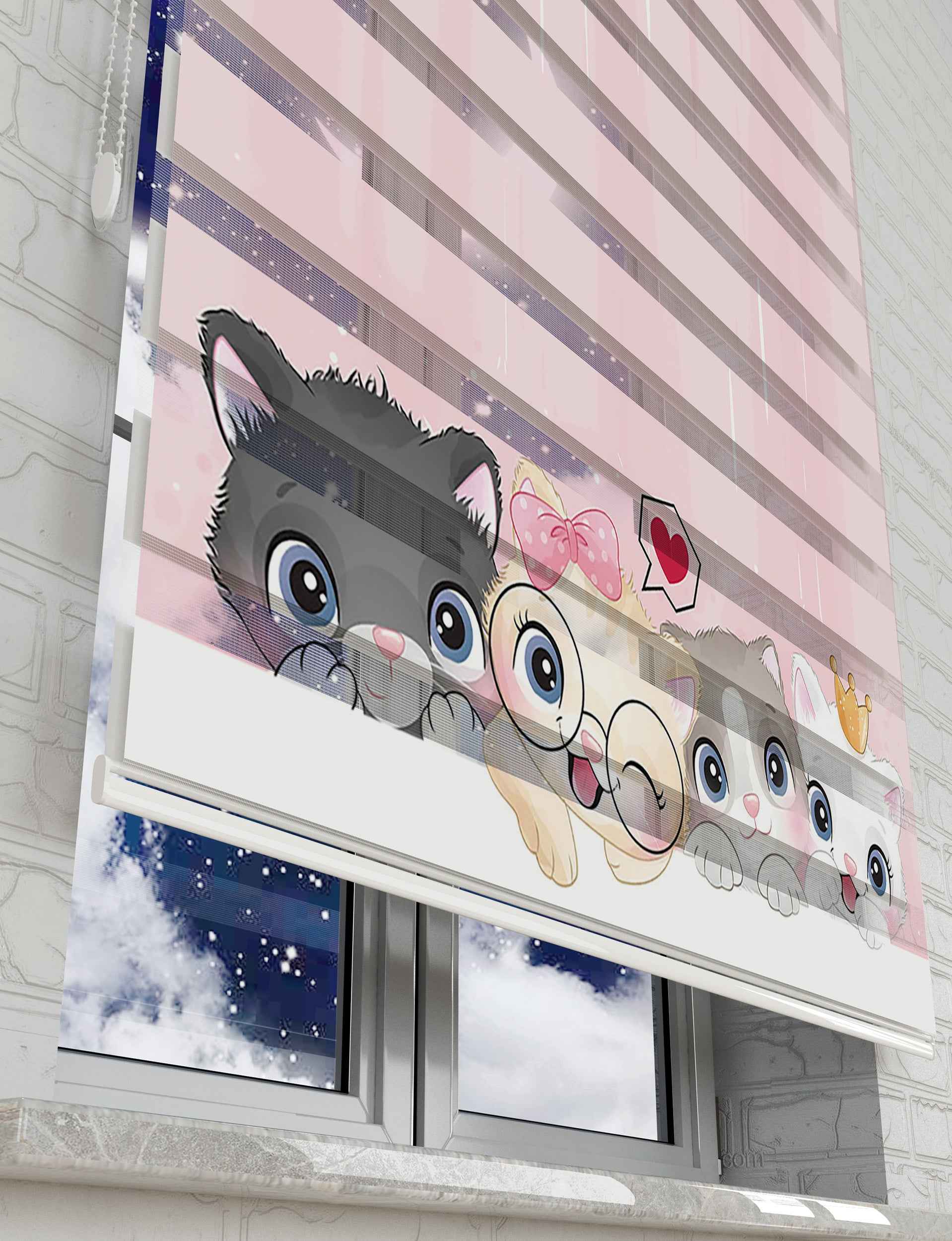Sevimli Yavru Kediler Baskılı Zebra Perde - Çocuk Odası Perdesi - AD HOME Tekstil