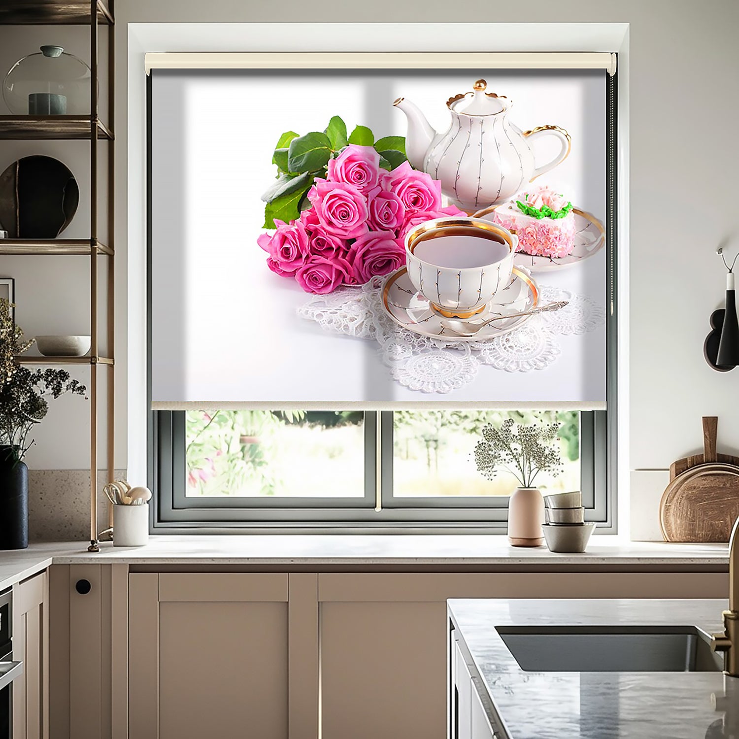 Pembe Gül ve Fincan Baskılı Stor Perde - Baskılı Güneşlik Perdesi - Mutfak Perdesi - AD HOME Tekstil