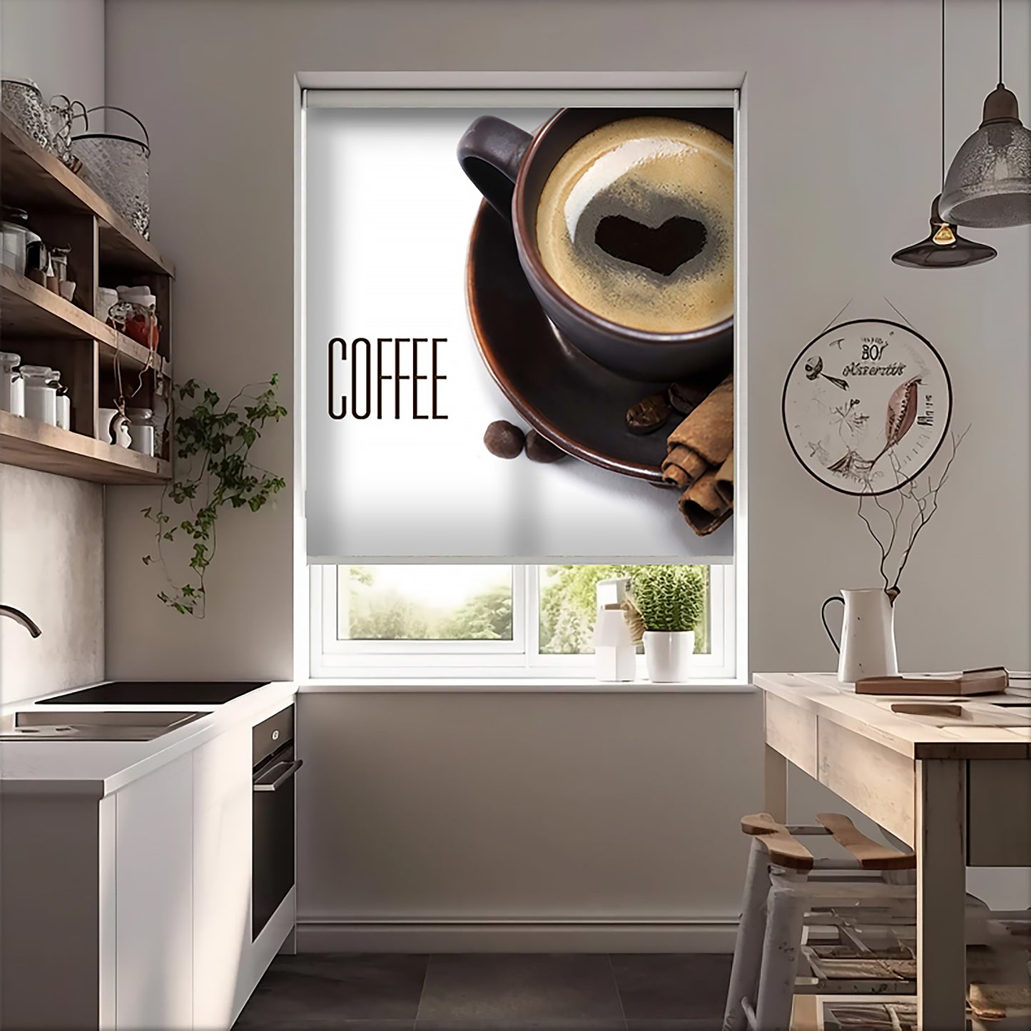 Coffee Kalp Fincan Baskılı Stor Perde - Baskılı Güneşlik Perdesi - Mutfak Perdesi