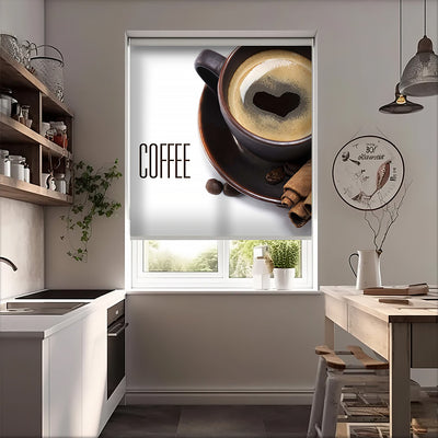 Coffee Kalp Fincan Baskılı Stor Perde - Baskılı Güneşlik Perdesi - Mutfak Perdesi