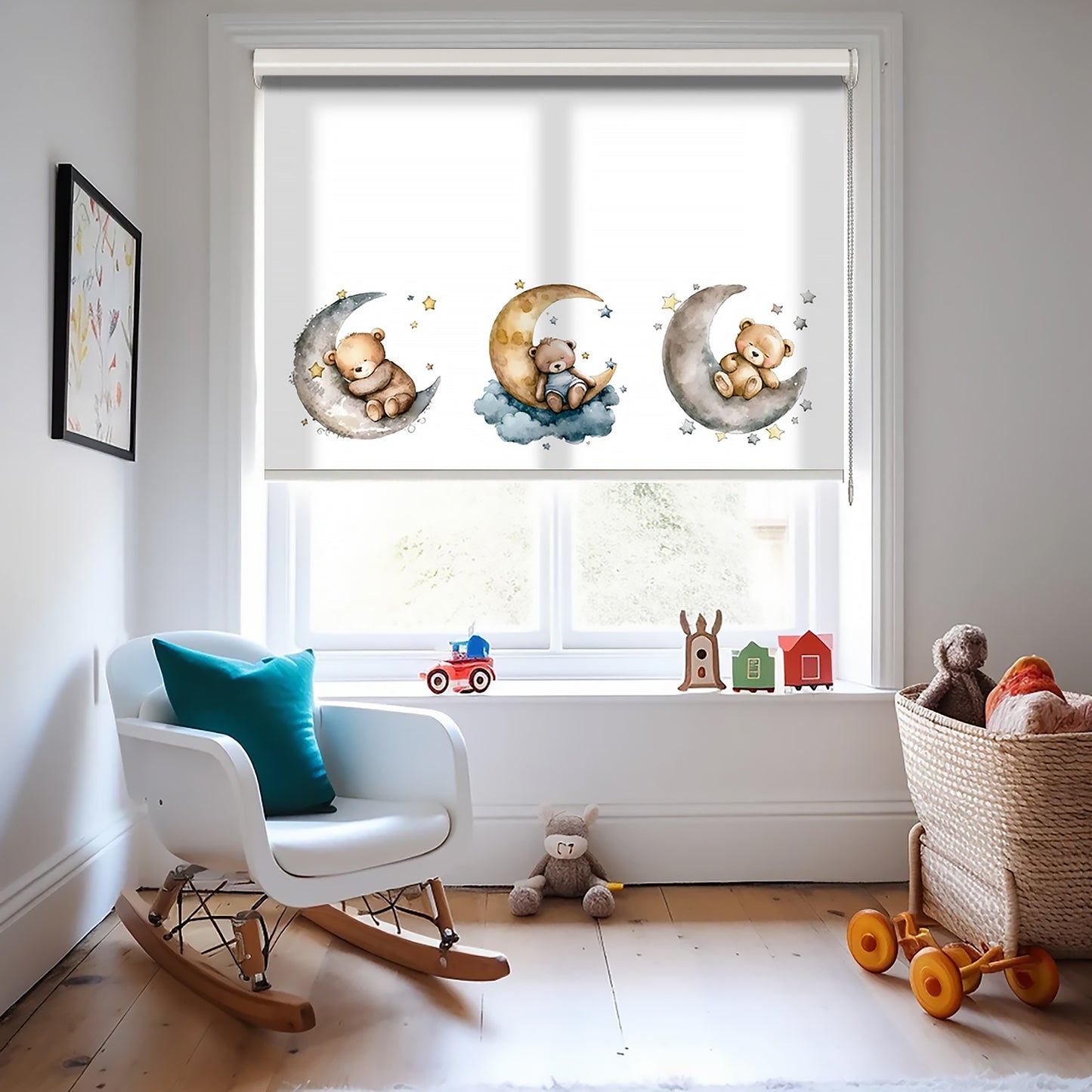 Ay Yıldızlar ve Ayıcıklar Baskılı Stor Perde - Güneşlik Perdesi - Bebek Odası Perdesi - AD HOME Tekstil