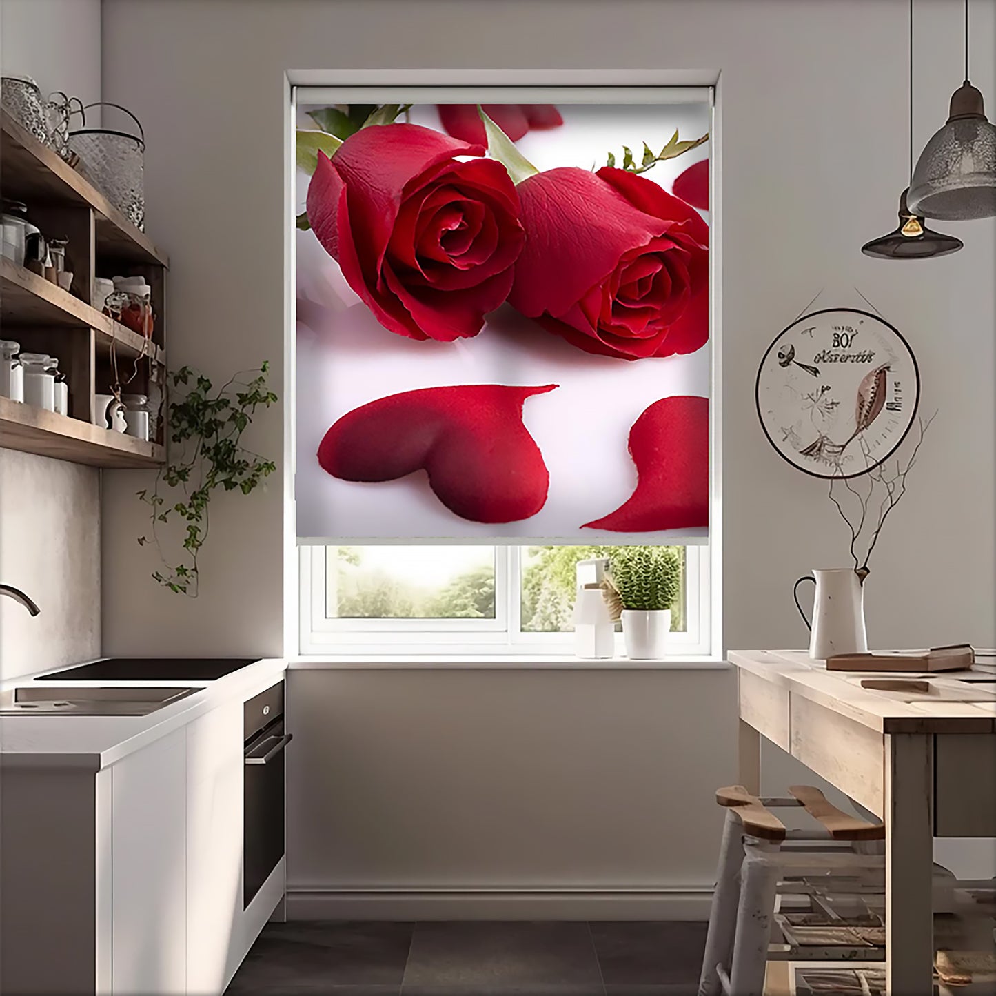 Kırmızı Güller ve Yapraklar Baskılı Stor Perde - Güneşlik Perdesi - Mutfak Perdesi - AD HOME Tekstil