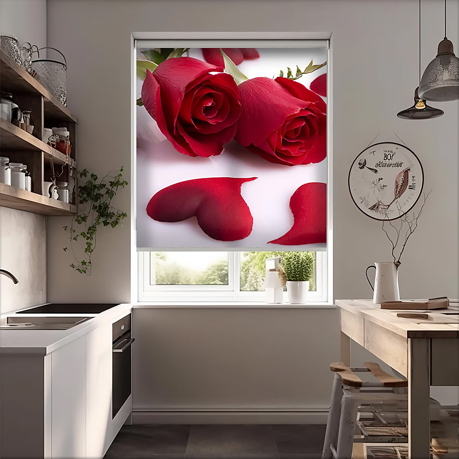 Kırmızı Güller ve Yapraklar Baskılı Stor Perde - Güneşlik Perdesi - Mutfak Perdesi - AD HOME Tekstil