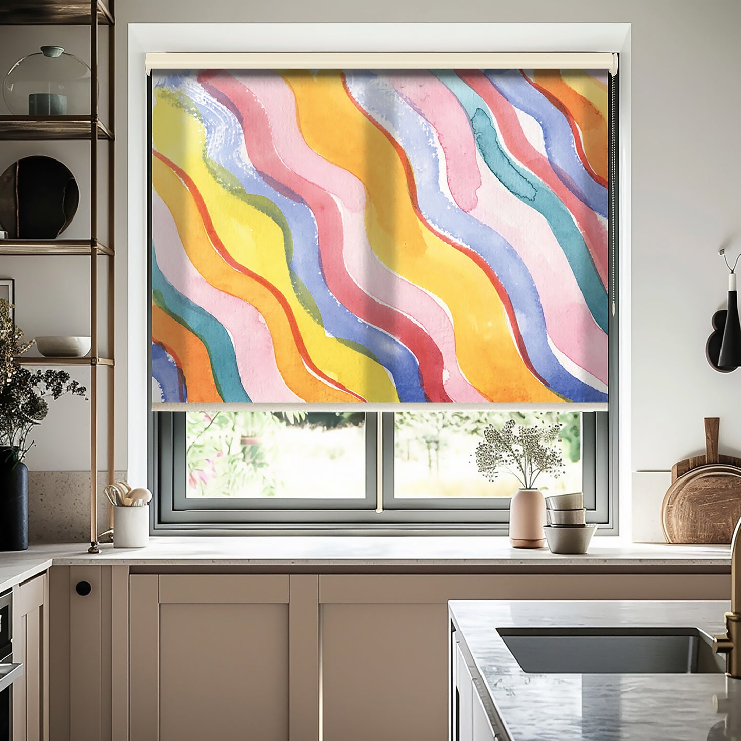 Dalgalı Renker Baskılı Stor Perde - Baskılı Güneşlik Perdesi -  Salon Perdesi - AD HOME Tekstil