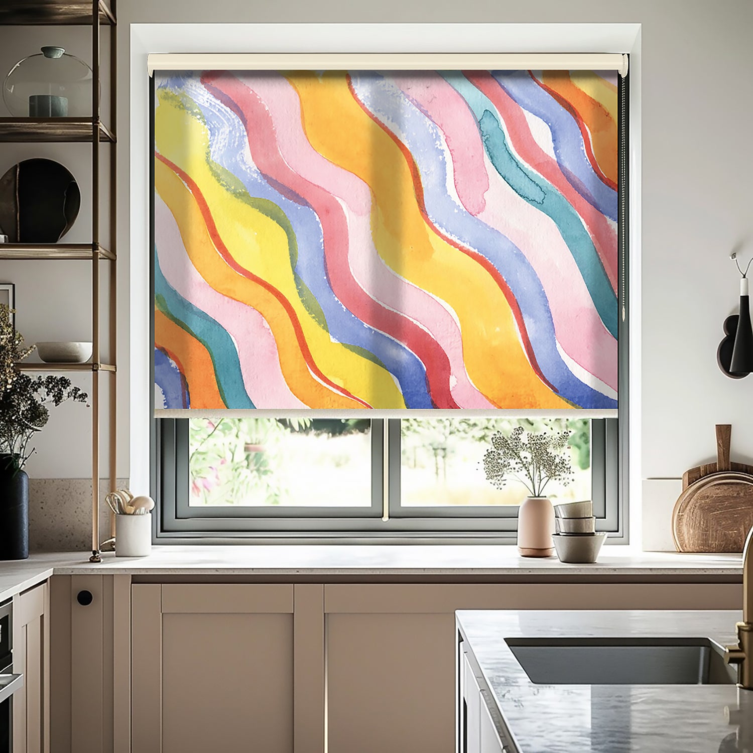 Dalgalı Renker Baskılı Stor Perde - Baskılı Güneşlik Perdesi -  Salon Perdesi - AD HOME Tekstil