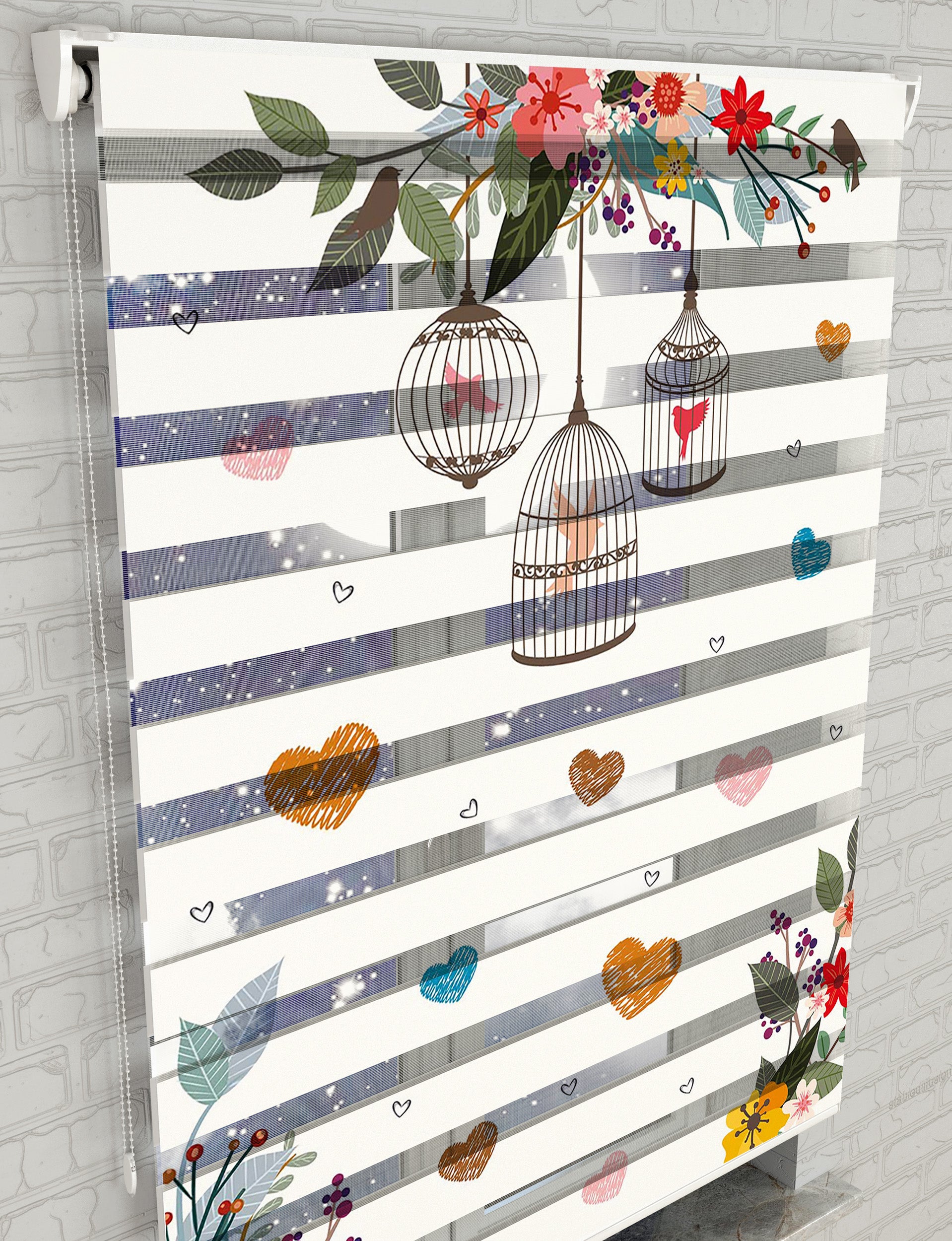 Kafesteki Kuş Baskılı Zebra Perde -Salon Mutfak Perdesi - AD HOME Tekstil