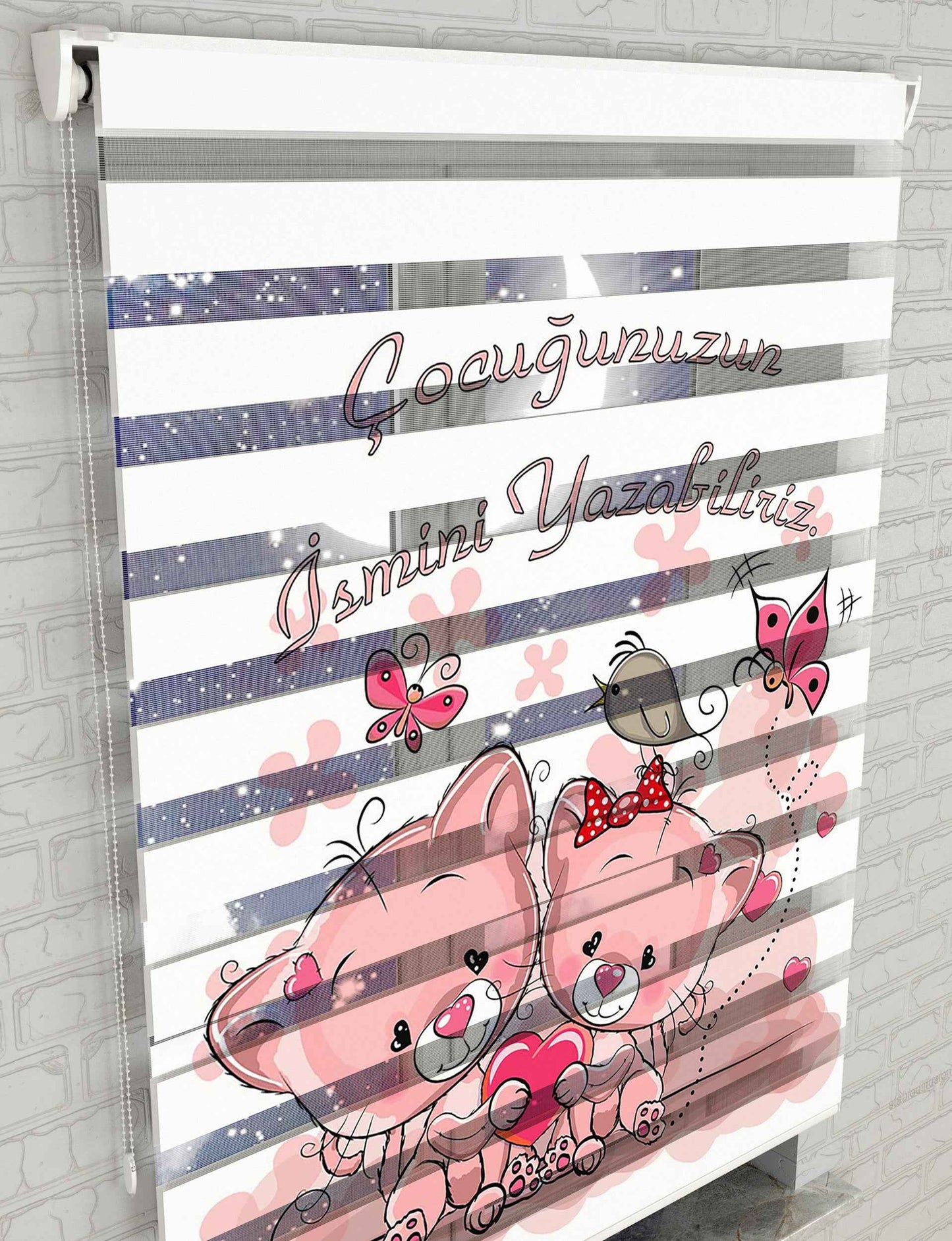 Şirin Kediler Baskılı Zebra Perde -Bebek Odası Perdesi - AD HOME Tekstil