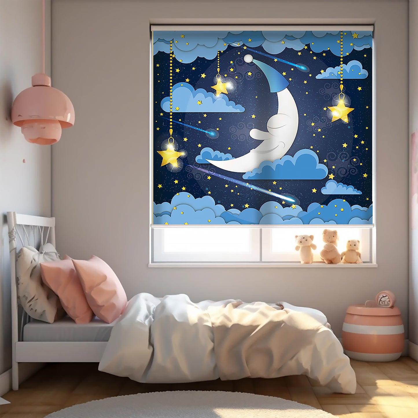 Gece Ay ve Bulutlar Baskılı Stor Perde - Baskılı Güneşlik Perdesi - Bebek Odası Perdesi - AD HOME Tekstil