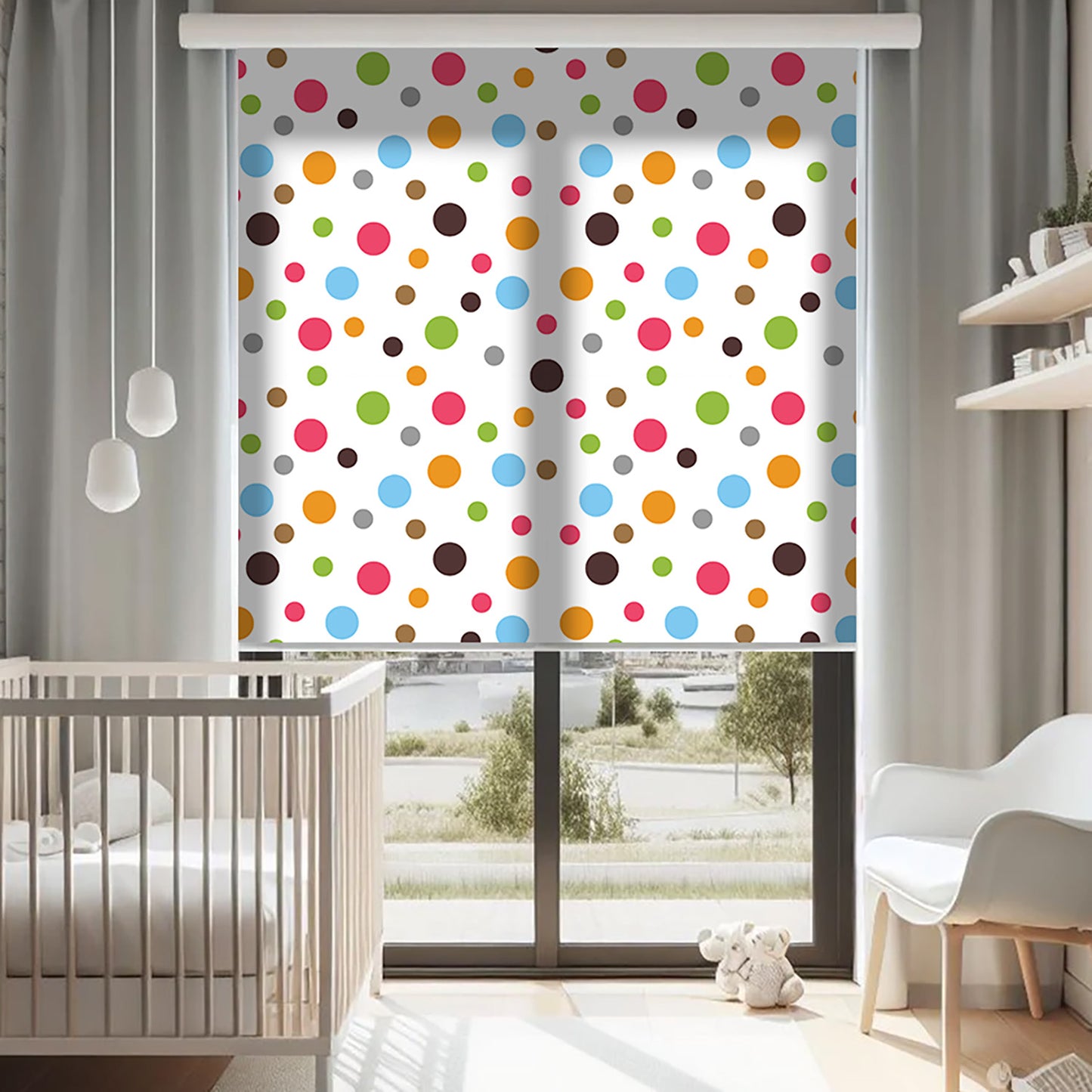 Renkli Puantiyeler Baskılı Stor Perde - Baskılı Güneşlik Perdesi - Salon Perdesi - AD HOME Tekstil