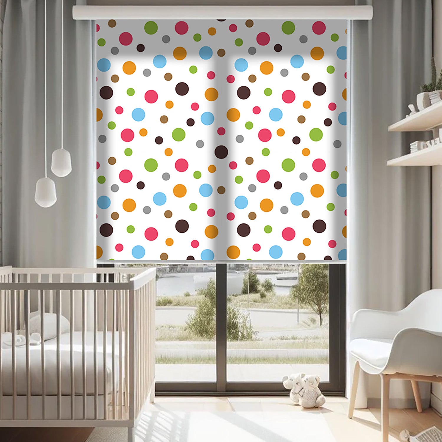 Renkli Puantiyeler Baskılı Stor Perde - Baskılı Güneşlik Perdesi - Salon Perdesi - AD HOME Tekstil