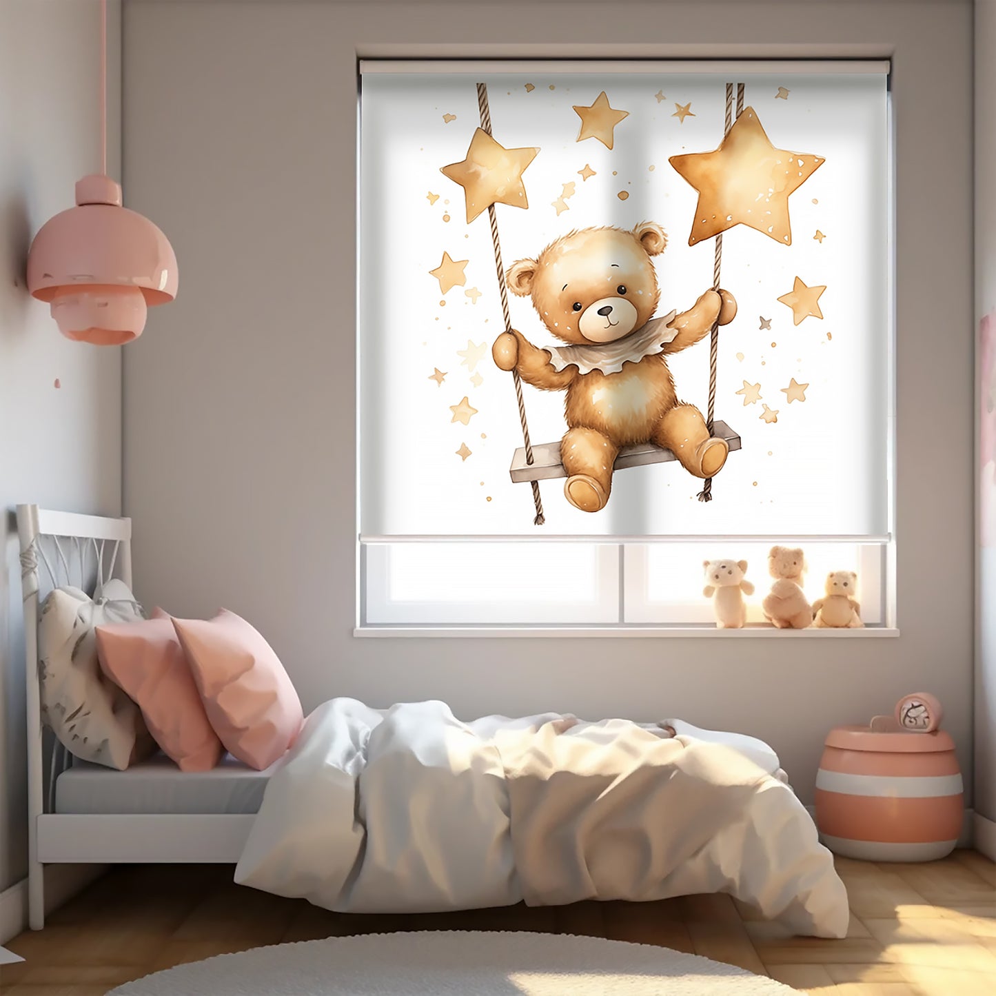 Salıncak ve Ayıcık Baskılı Stor Perde - Baskılı Güneşlik Perdesi - Bebek Odası Perdesi - AD HOME Tekstil