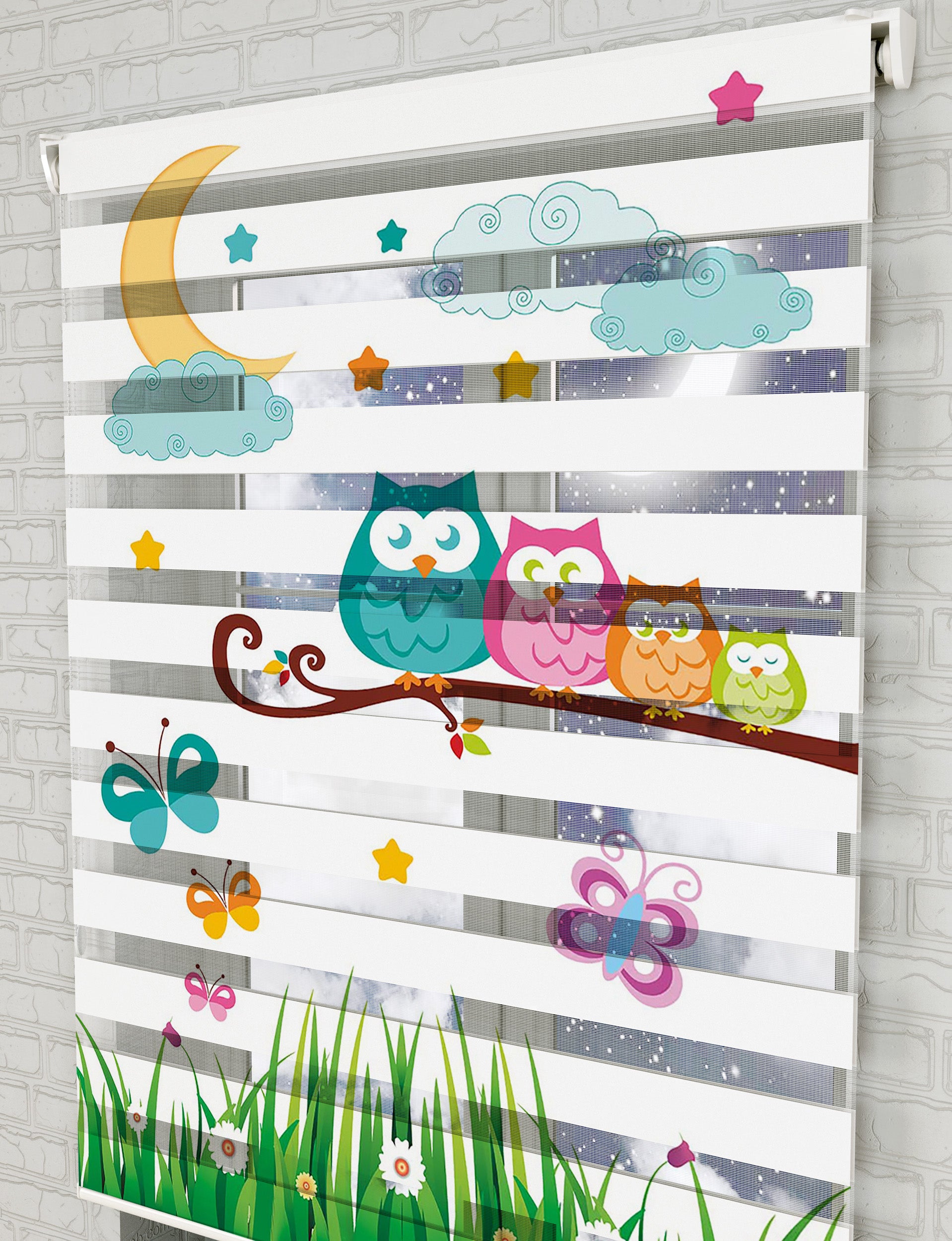 Baykuşlar ve Ay Vektör Baskılı Zebra Perde - Bebek Odası Perdesi - AD HOME Tekstil