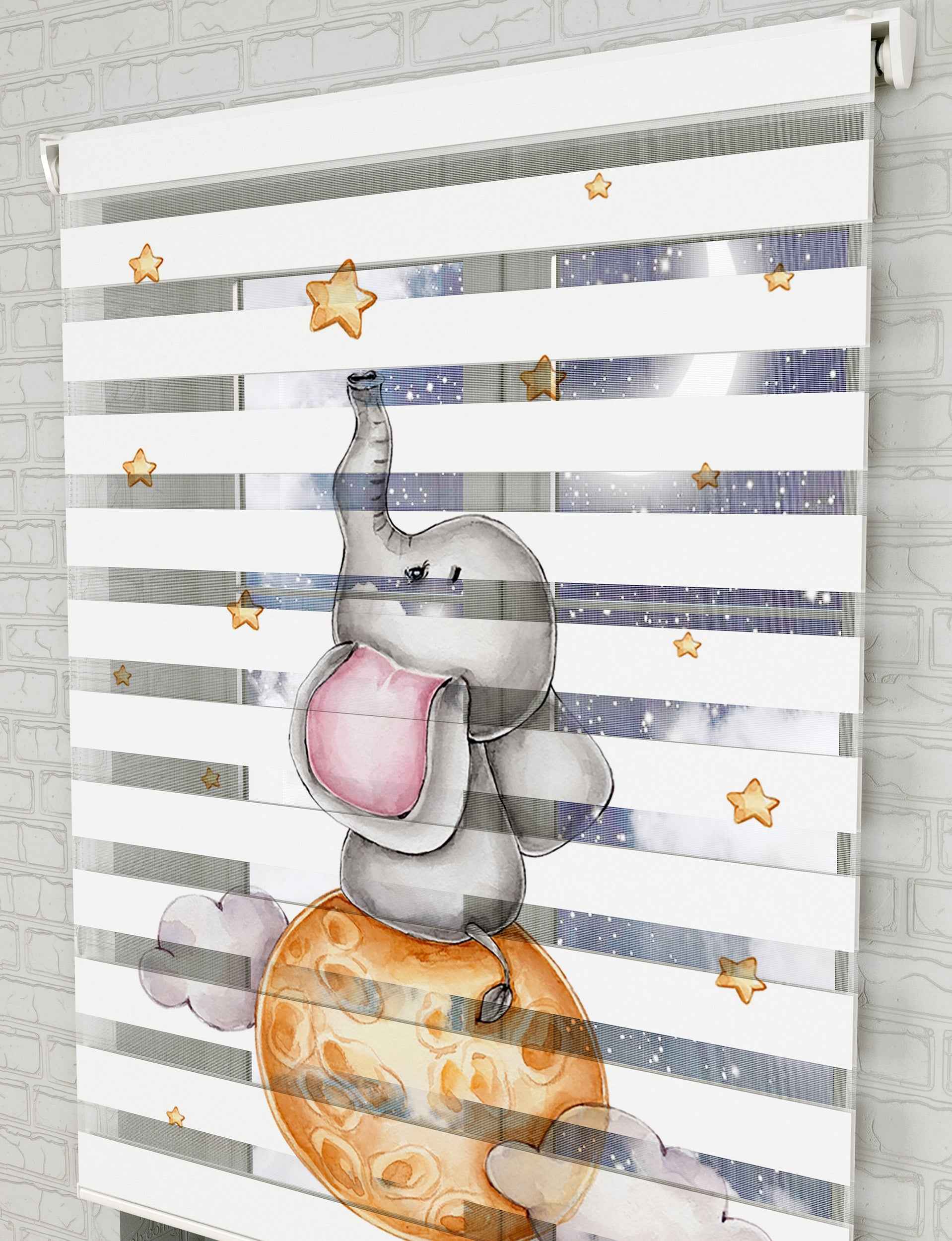 Sevimli Fil ve Yıldızlar Baskılı Zebra Perde - Bebek Odası Perdesi - AD HOME Tekstil