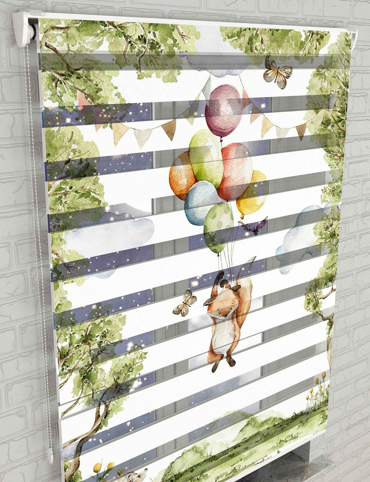 Orman Balonlar ve Tilki Baskılı Zebra Perde - Bebek Odası Perdesi - AD HOME Tekstil