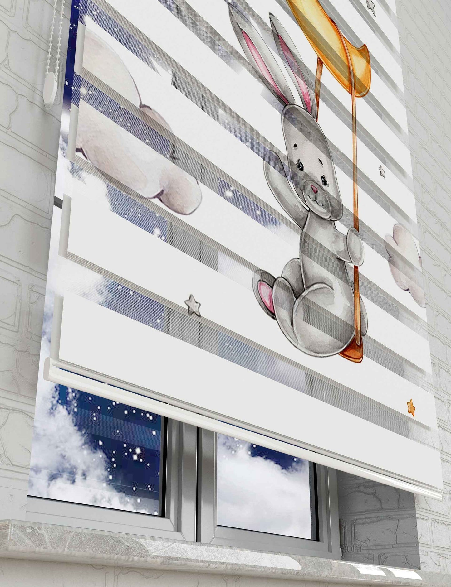 Ay Bulutlar ve Sevimli Tavşan Baskılı Zebra Perde - Bebek Odası Perdesi - AD HOME Tekstil