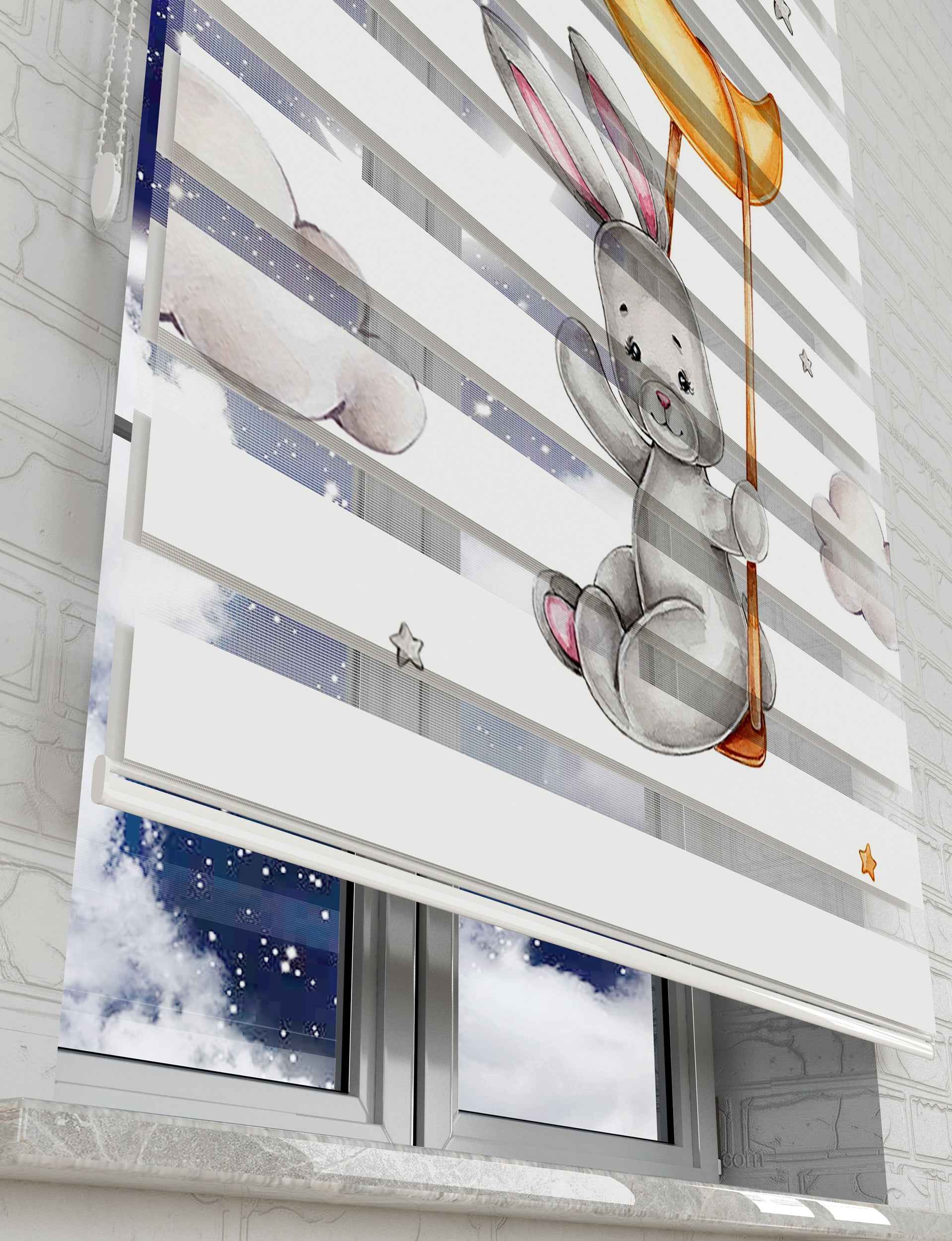 Ay Bulutlar ve Sevimli Tavşan Baskılı Zebra Perde - Bebek Odası Perdesi - AD HOME Tekstil