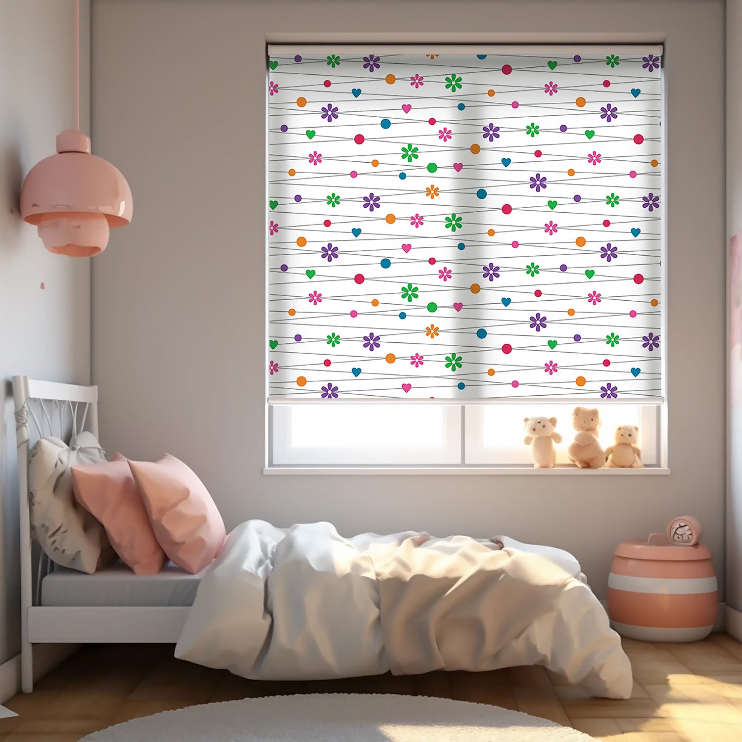 Renkli Çiçekler Baskılı Stor Perde - Baskılı Güneşlik Perdesi - Bebek Odası Perdesi - AD HOME Tekstil