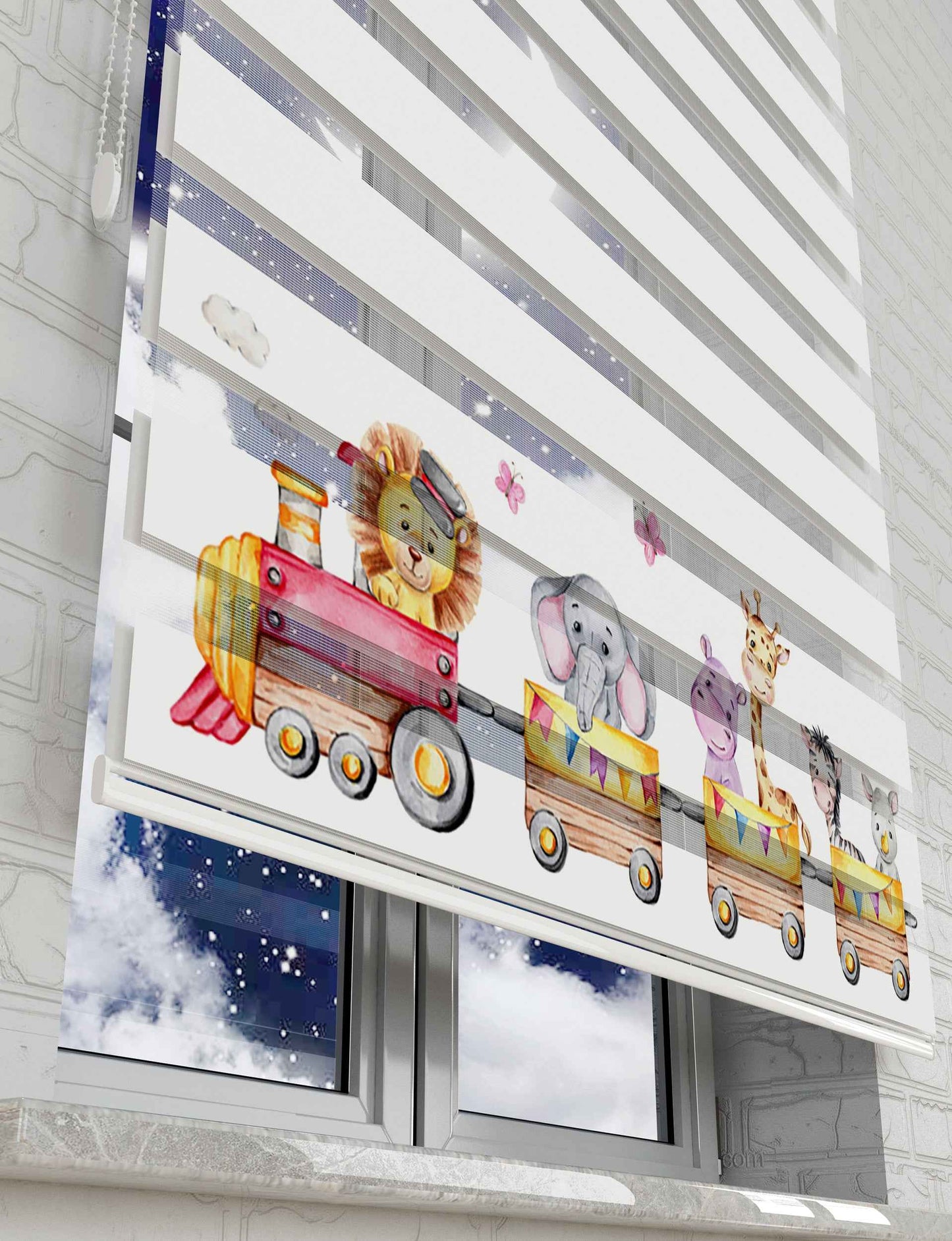 Tren ve Sevimli Hayvanlar Baskılı Zebra Perde - Bebek Odası Perdesi - AD HOME Tekstil
