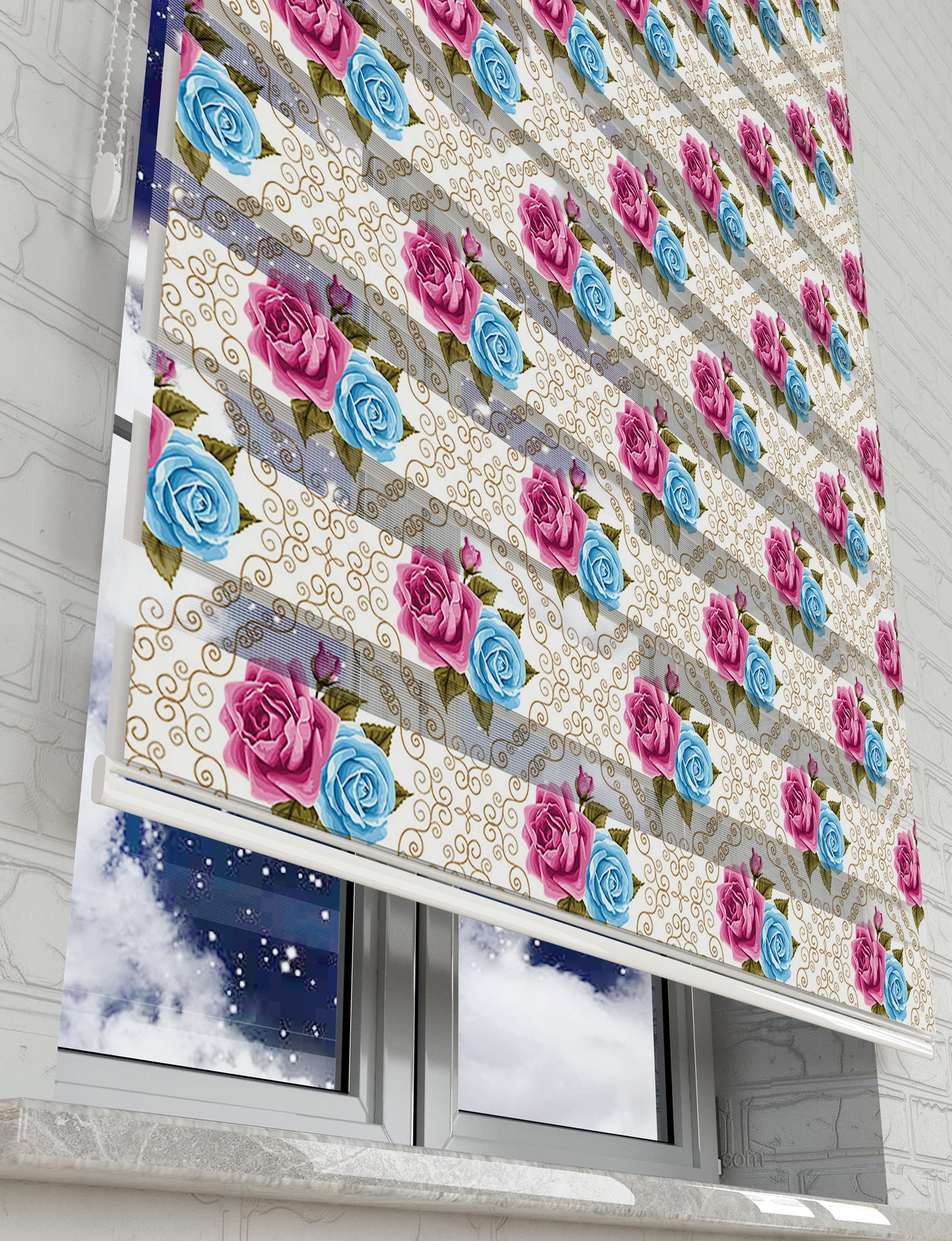 Çiçekler Baskılı Zebra Perde -Salon Perdesi - AD HOME Tekstil
