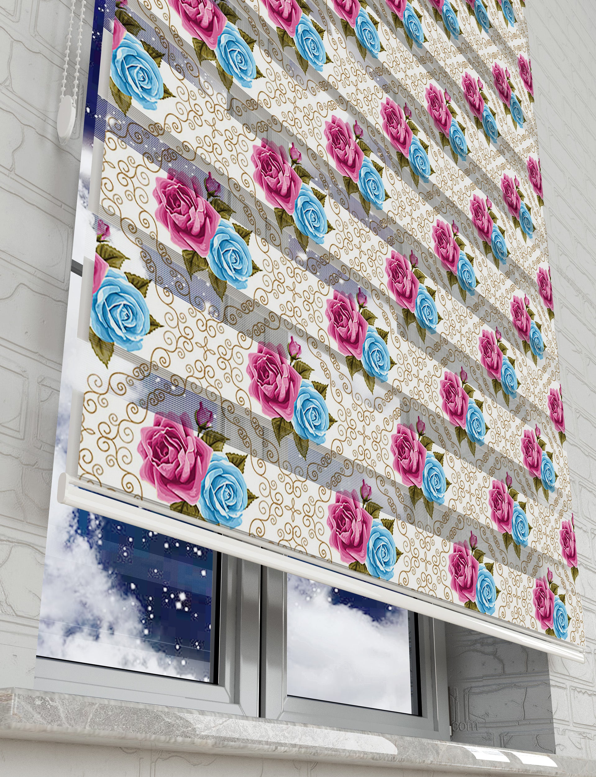 Çiçekler Baskılı Zebra Perde -Salon Perdesi - AD HOME Tekstil