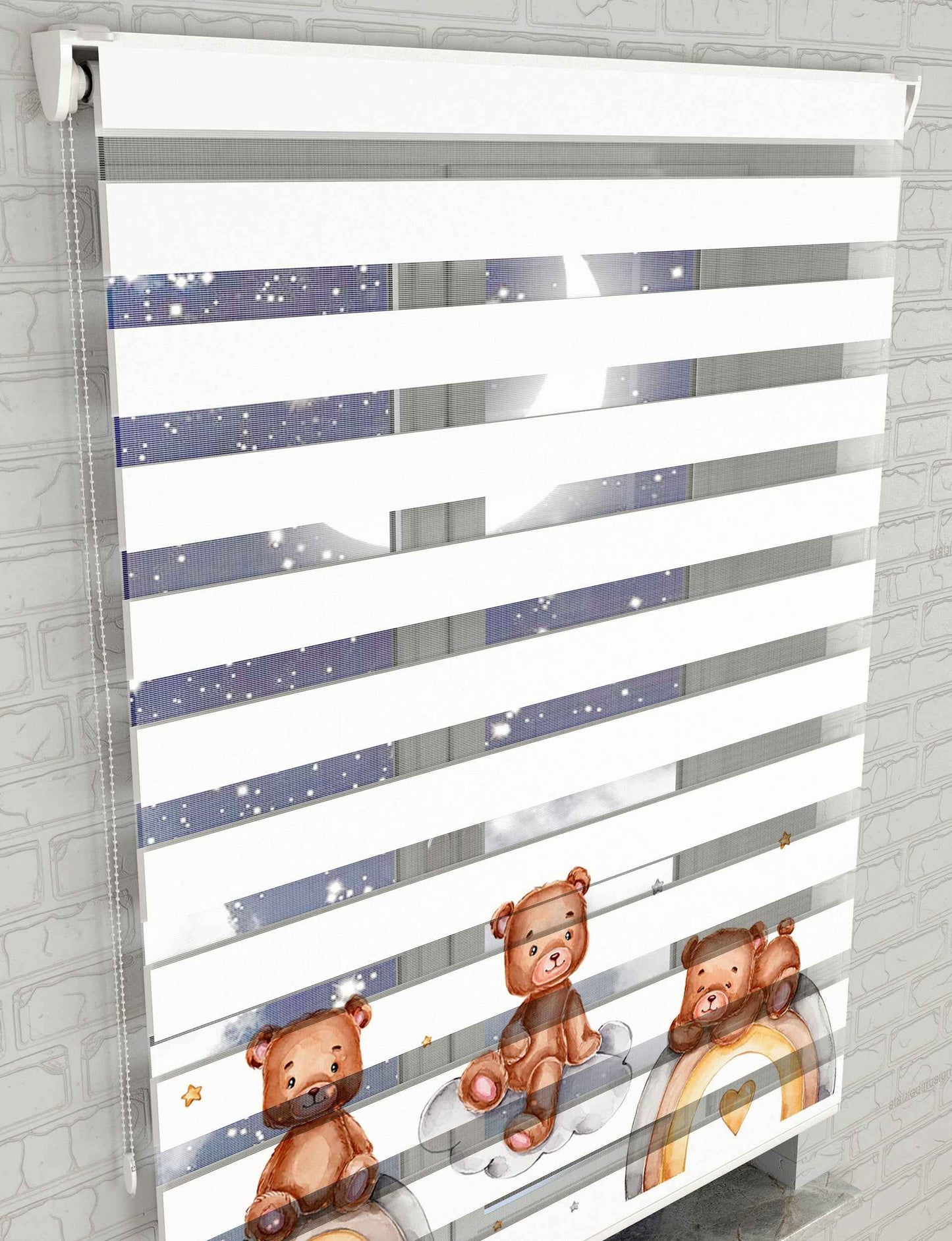 Gökkuşağı ve Sevimli Ayıcıklar Baskılı Zebra Perde - Bebek Odası Perdesi - AD HOME Tekstil