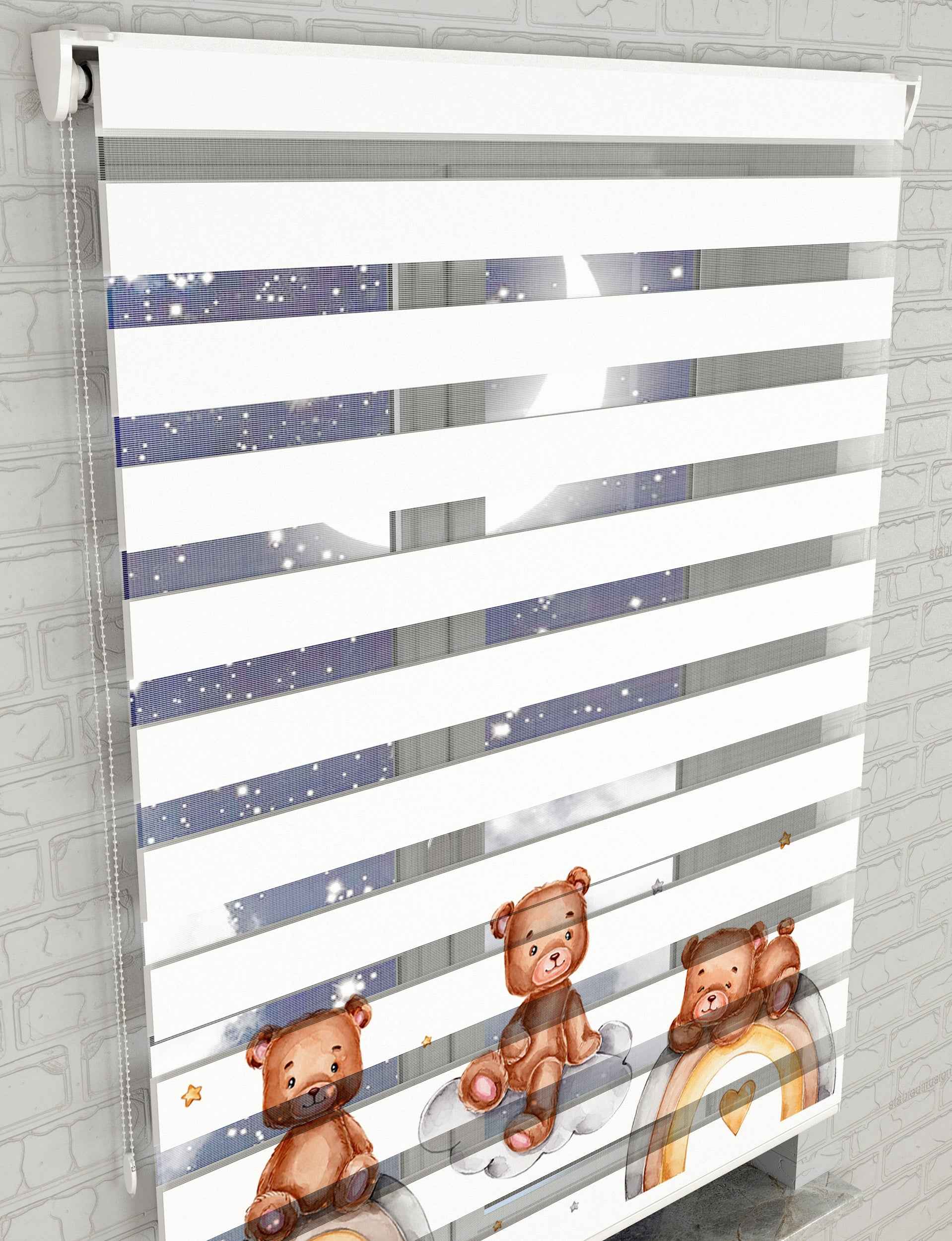 Gökkuşağı ve Sevimli Ayıcıklar Baskılı Zebra Perde - Bebek Odası Perdesi - AD HOME Tekstil