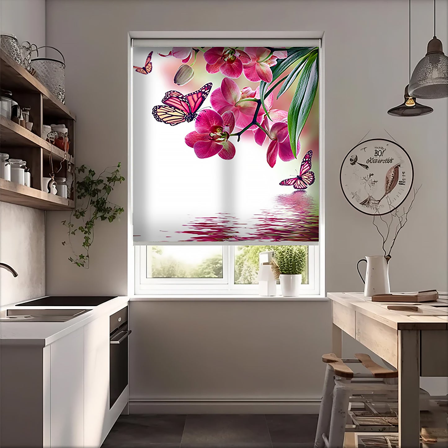 Kelebekler ve Çiçekler Baskılı Stor Perde - Baskılı Güneşlik Perdesi - Mutfak Perdesi - AD HOME Tekstil